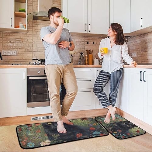 Miniatura 4 de ZENWAWA Black Cat in Flowers Kitchen Mat 2 Pcs Set, Low Pile Kitchen Rugs Cushioned Water Absorbent Washable Floor Mats for Kitchen Sink Laundry Room