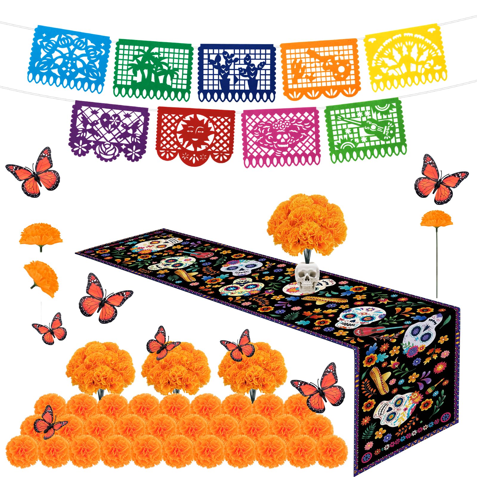 Yotako Day of the Dead Decorations, Día de Muertos Marigold Flowers Runner