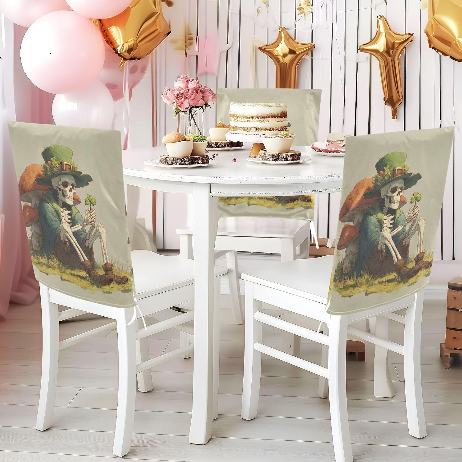 ALAZA St Patrick's Day Skeleton Mushroom Clovers Chair Back Cover Set of 6, Washable Reusable Removable Chair Slipcovers Decorative Chair Cover for Home Kitchen Wedding Party