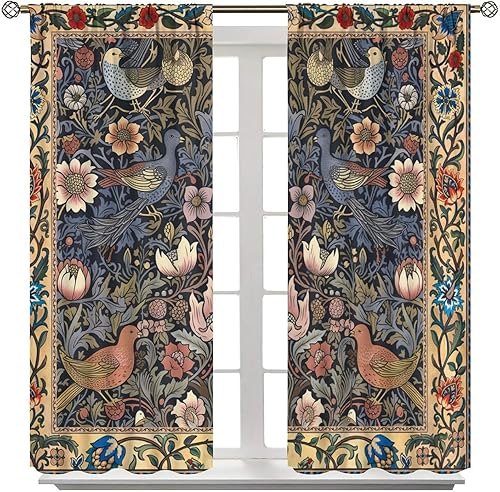 Miniatura 6 de Cortinas bohemias William Morris con estampado de pájaro retro con estampado de animales, para dormitorio, sala de estar, 2 paneles, 42 x 63