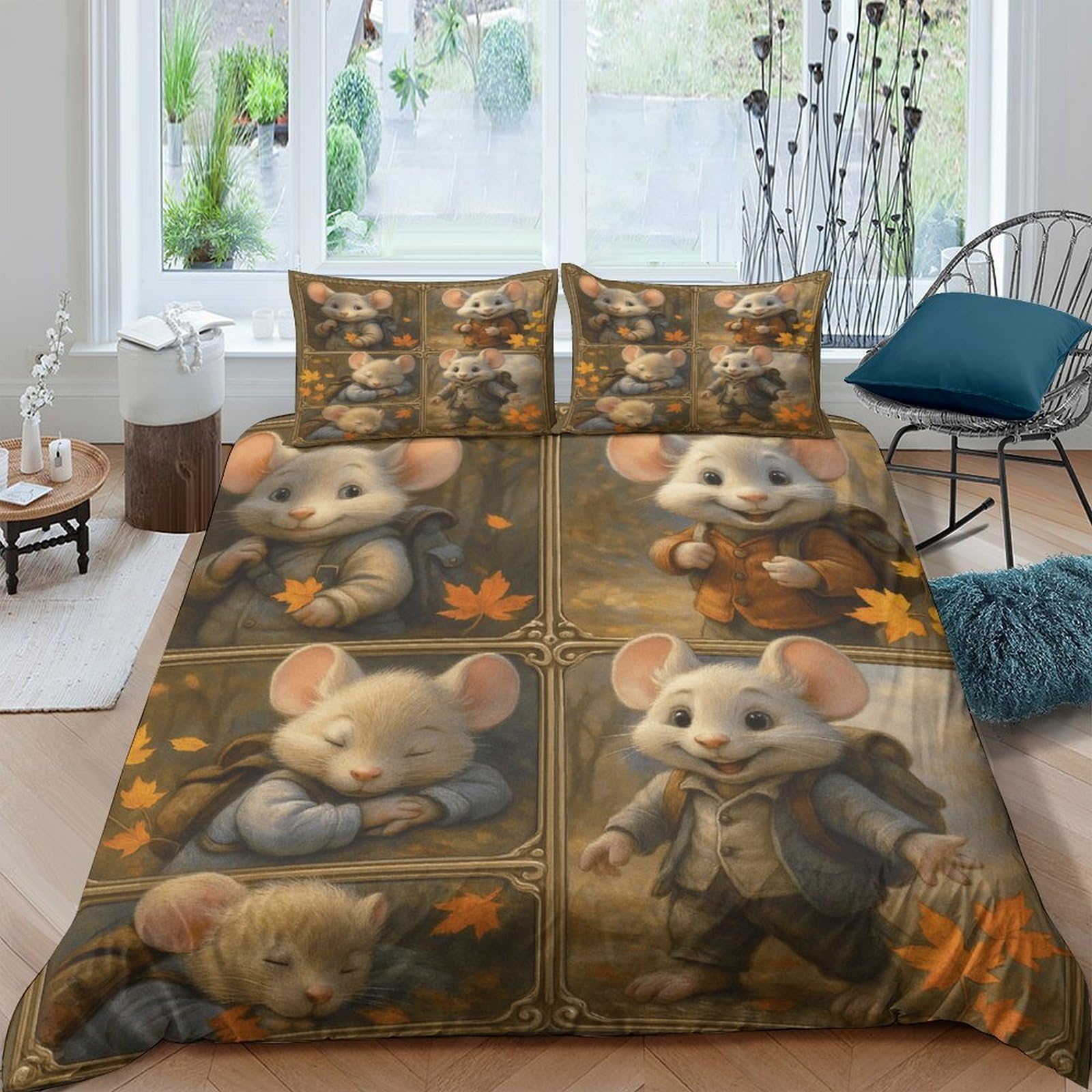 Ctjqhvkz Style-3 3D Printed Cute Mouse Fitted Sheet Microfiber Soft Autumn Leaves Bed Cover For Bedroom Guest Room Dorm Decor Single（135X200cm）