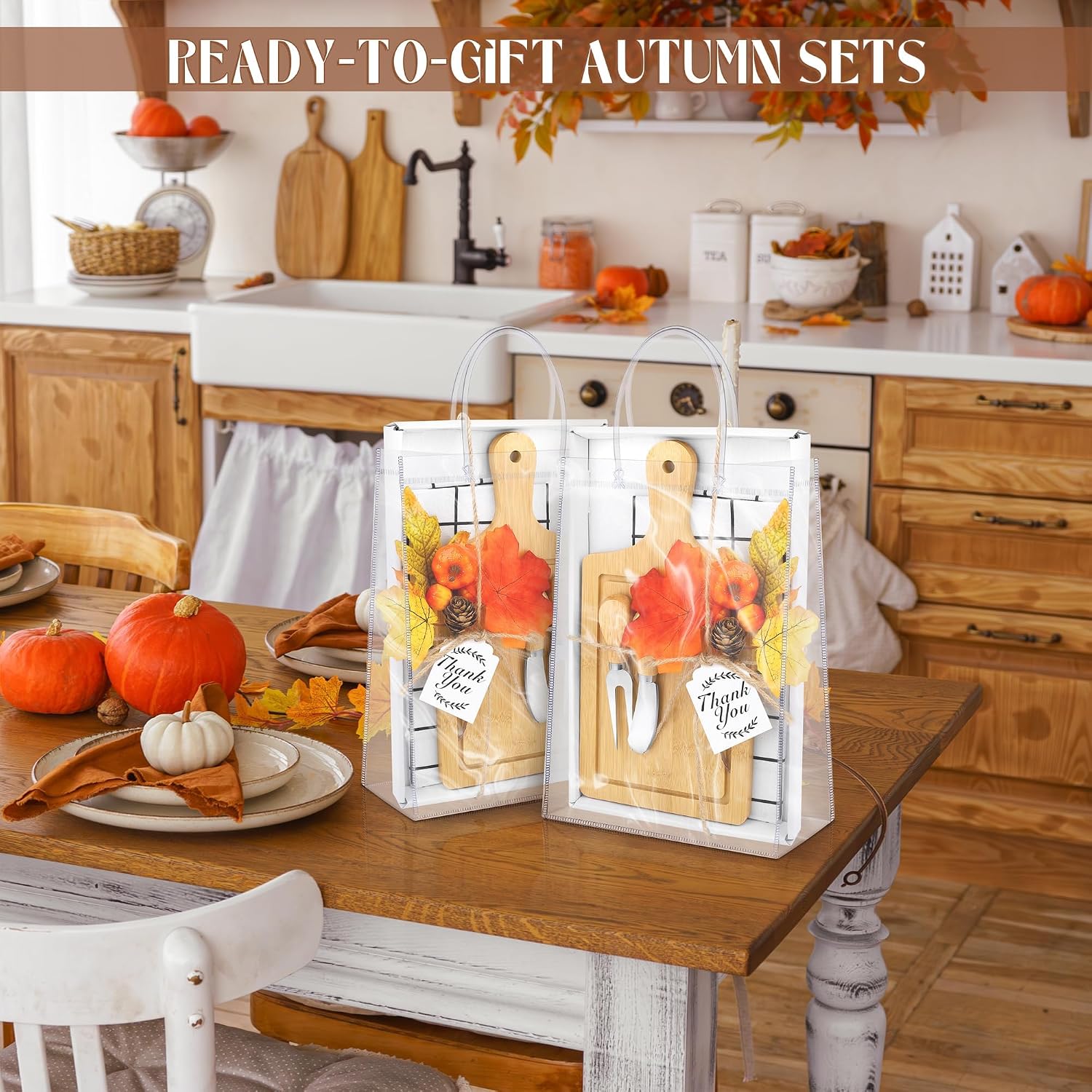 Kochorie 6 Sets Fall Baby Shower Favors 43 Pcs Wooden Square Cheese Board with Knives Forks Kitchen Towels Tags, Pre-Assembled Gifts for Fall Thanksgiving Party Supplies Winner Game Prizes