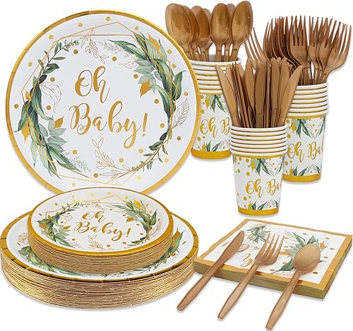 Decoraciones de baby shower verde salvia, juego de vajilla neutral para fiesta de Oh Baby; platos de 9 pulgadas, platos de 7 pulgadas, servilletas,