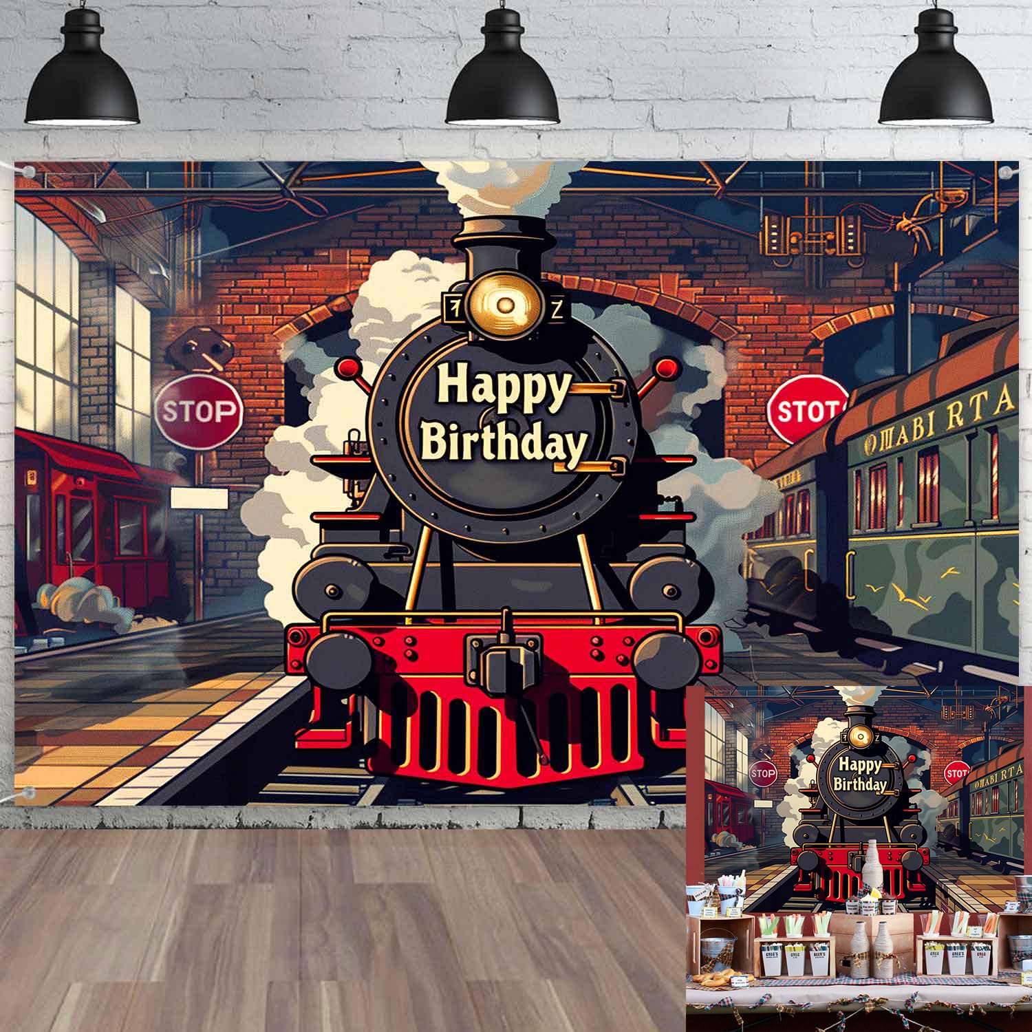 TOAOFY 7x5ft Train Party Theme Backdrop Cartoon Train Backdrop Red Brick Wall Indoor Background Children Birthday Party Family Kids Portrait Photo