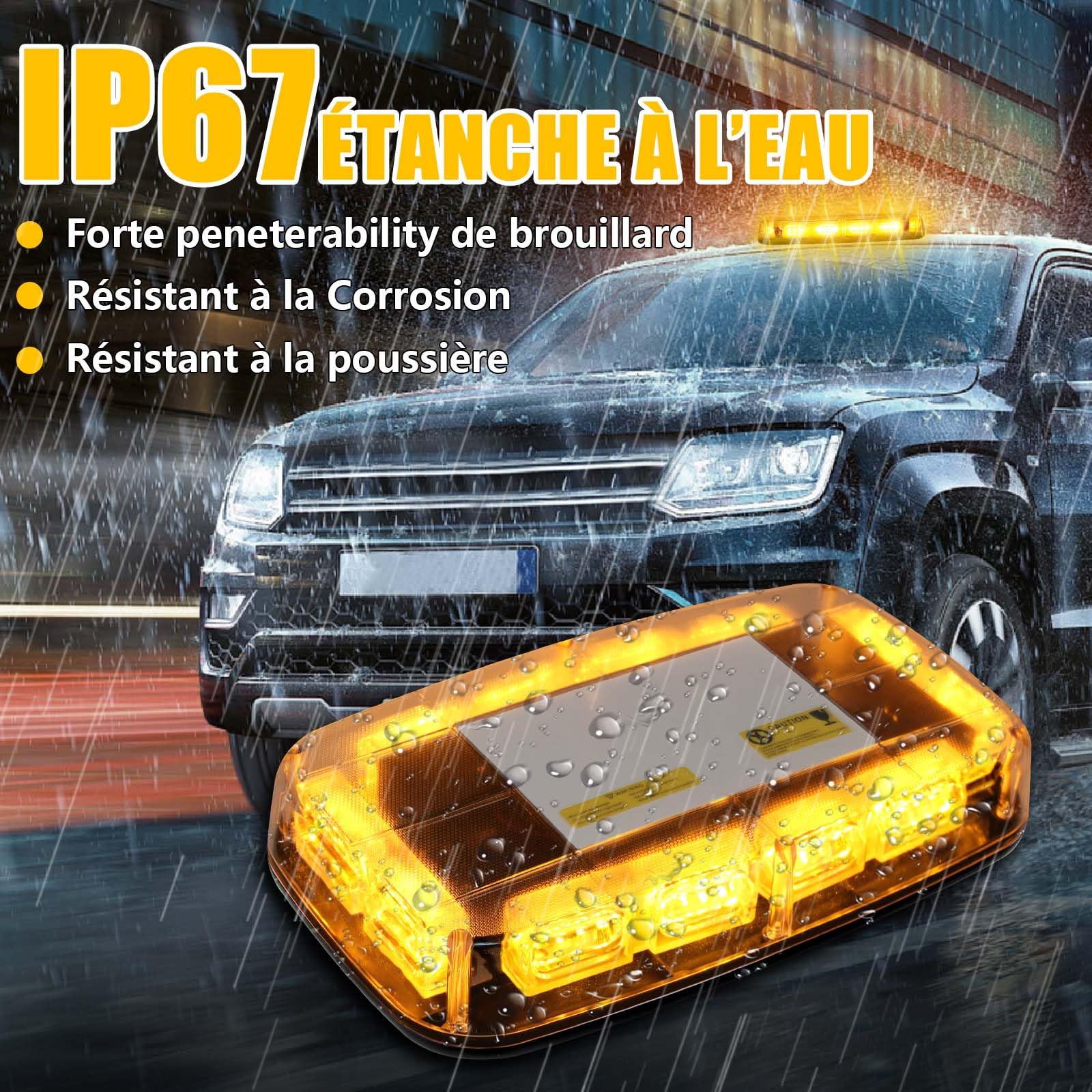 Lumières stroboscopiques ambre sans fil avec Base magnétique, lumière de balise de secours Rechargeable de 48 LED, lumière clignotant de toit pour les véhicules de camions de voiture