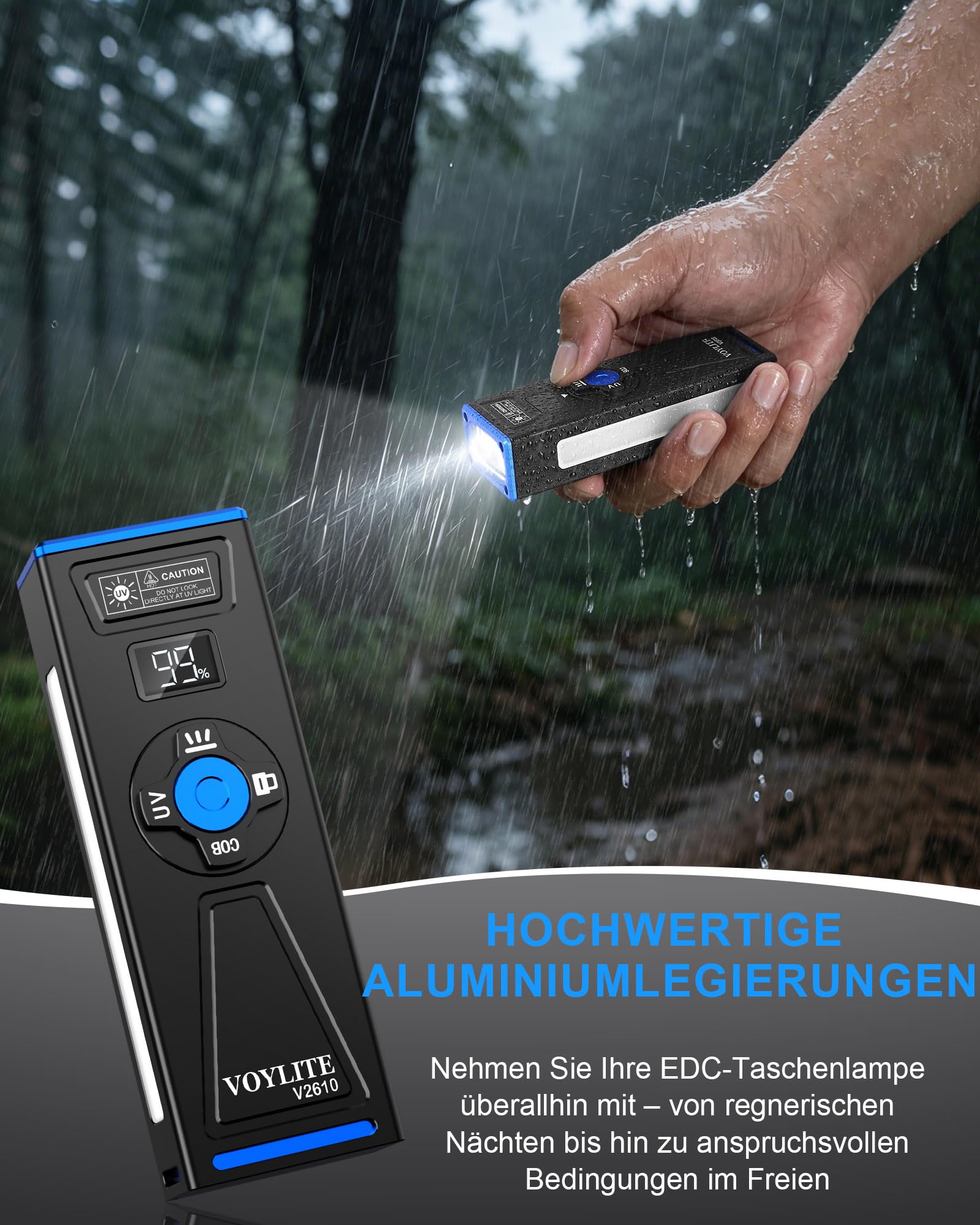 Taschenlampe LED Aufladbar, 2000 Lumen EDC mit UV Licht, Magnetisch | COB Arbeitslicht, RGB Licht, Metallclip, IPX6 Wasserdicht, 10,5 cm kompakt, 159 g leicht, ideal für Camping/Outdoor/Notfälle
