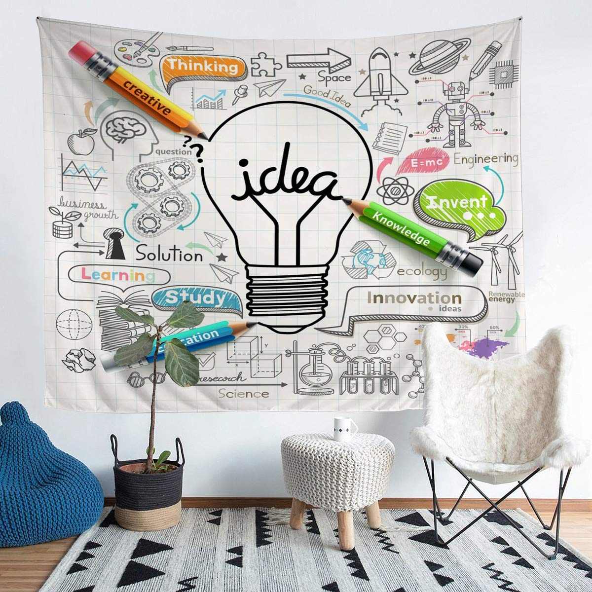 Homewish Science Tapestries School Theme Tapestry Brainstorming Good Ideas Wall Hangings For Kids Boys Girls Study Innovation Education Knowledge Bedding Throw Blanket Child Dorm Decor Large 58x79