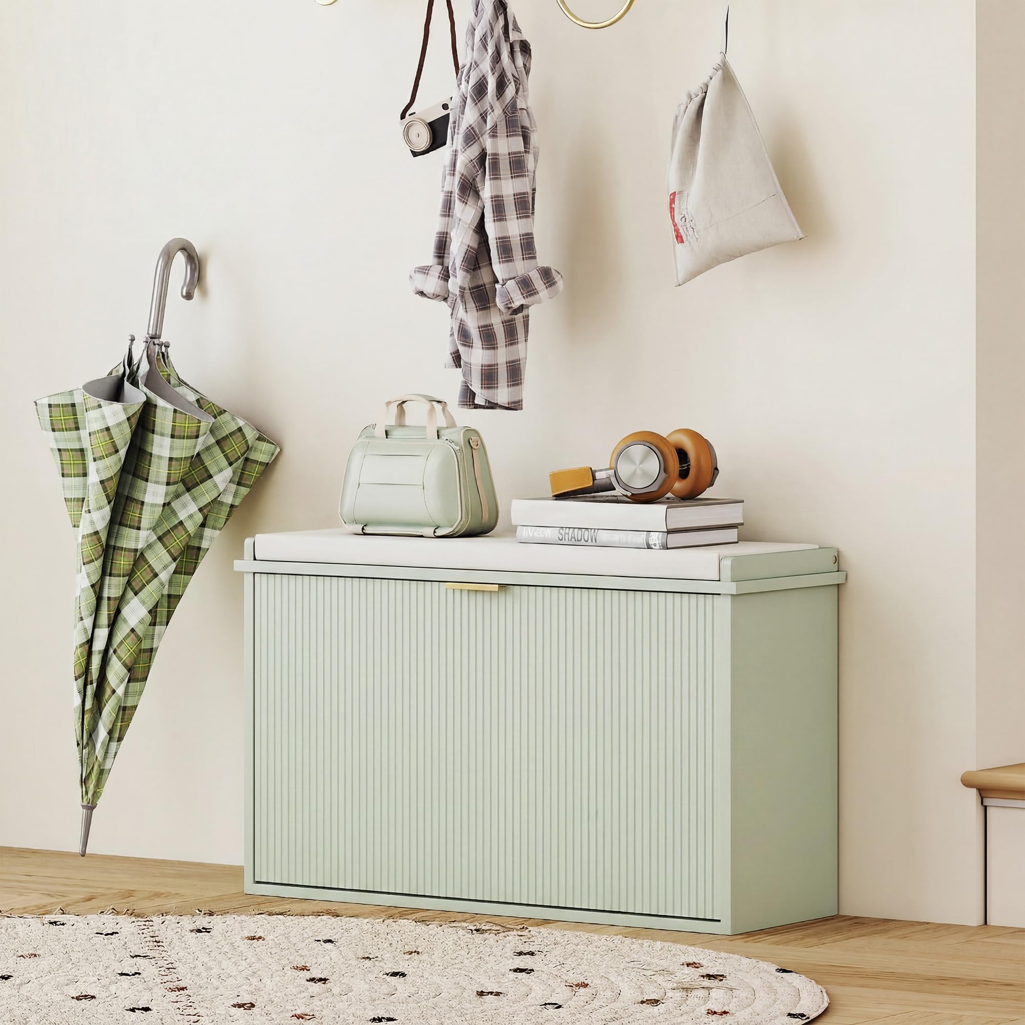 HOMCOM Banco Zapatero Estrecho con Asiento 80x26x47,5cm Verde Claro | Banco Recibidor, Asiento Acolchado, Cajón Abatible, Estante Ajustable, para 8 Pares de Zapatos, para Entrada, Dormitorio