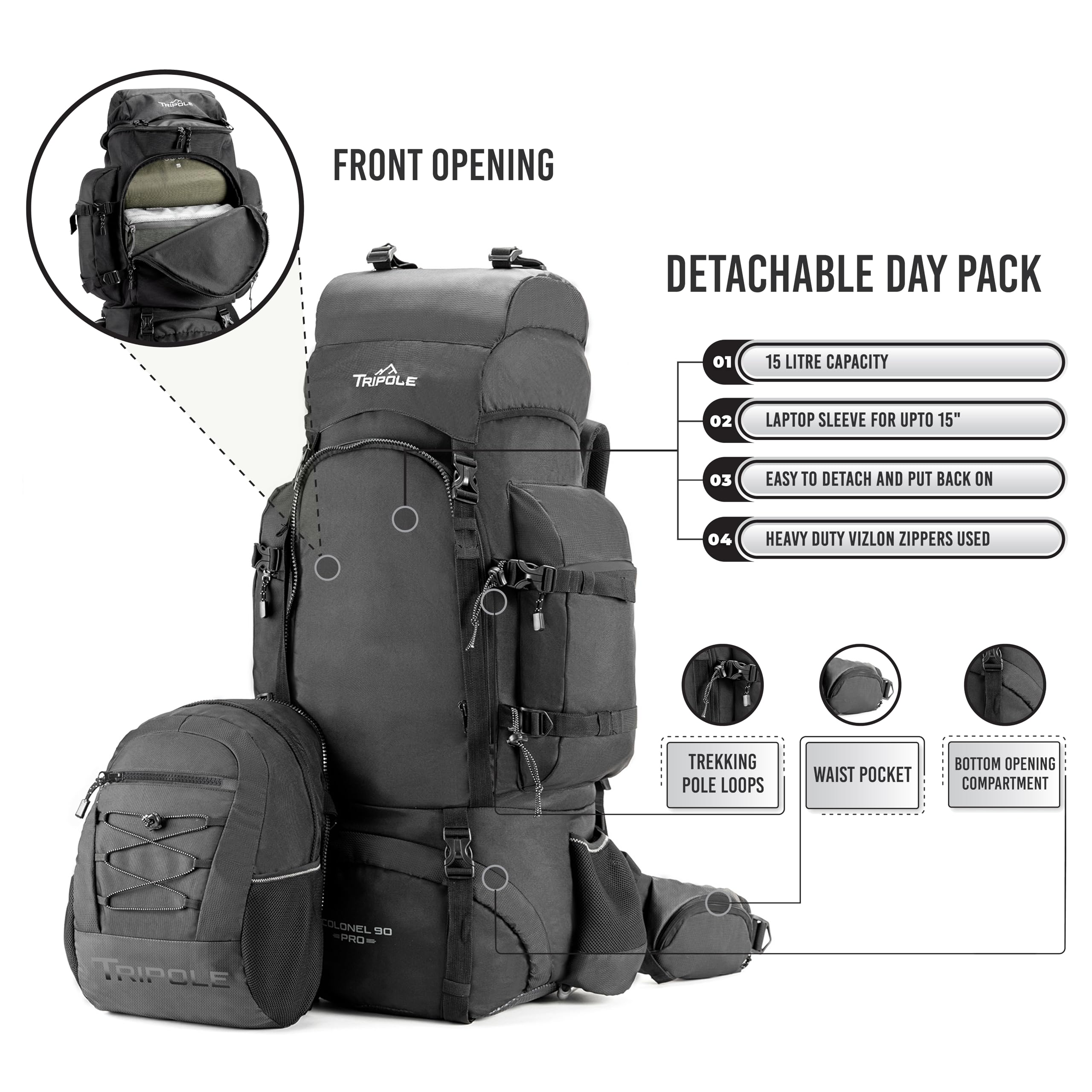 Tripole Mochila con Armazón Metálico Colonel Pro | Apertura Frontal | Bolsa Desmontable | Cubierta De Lluvia