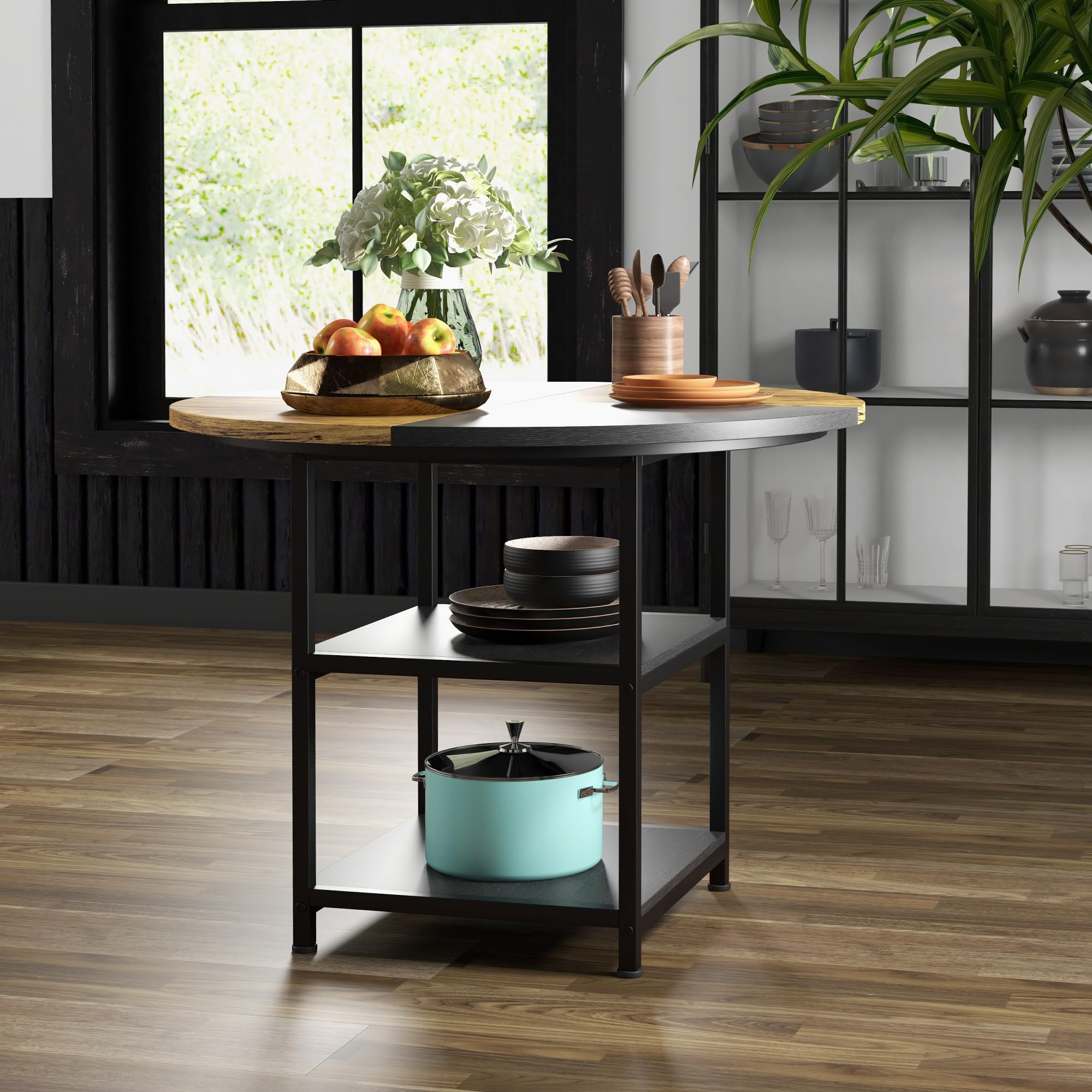 HOMCOM Tavolo Stile Industriale per 4-6 Persone Ø100x76 cm Nero e Marrone | 2 Ripiani Integrati, Tavolo Rotondo da Pranzo Multiuso, Acciaio e MDF