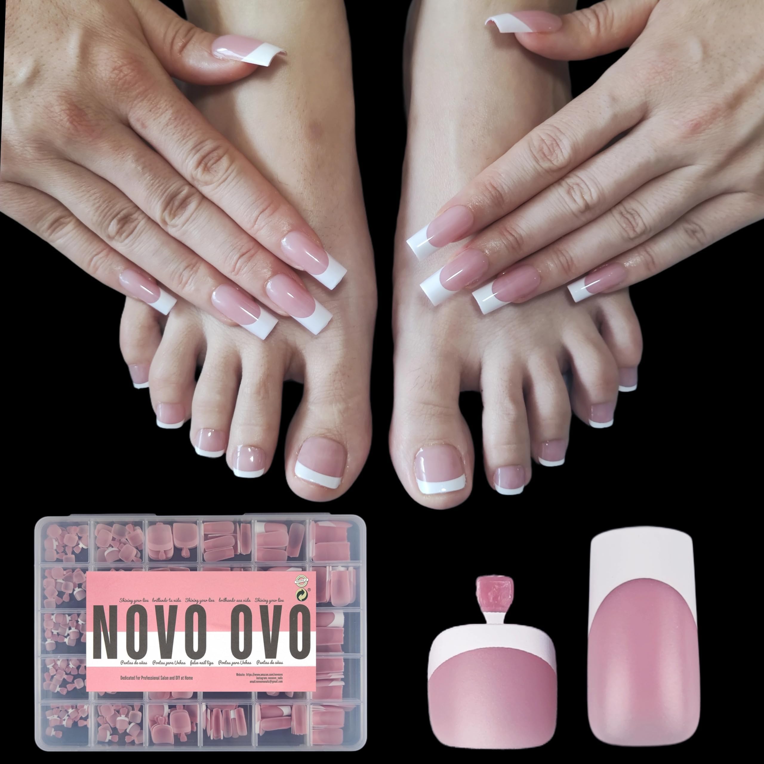 NOVO OVO French Tip Matching Press on Nail tips set, BERRY PINK Square Finger and Square Round Toe Nail Tips kit, Soft Gel Nail Extension, Pre-applied