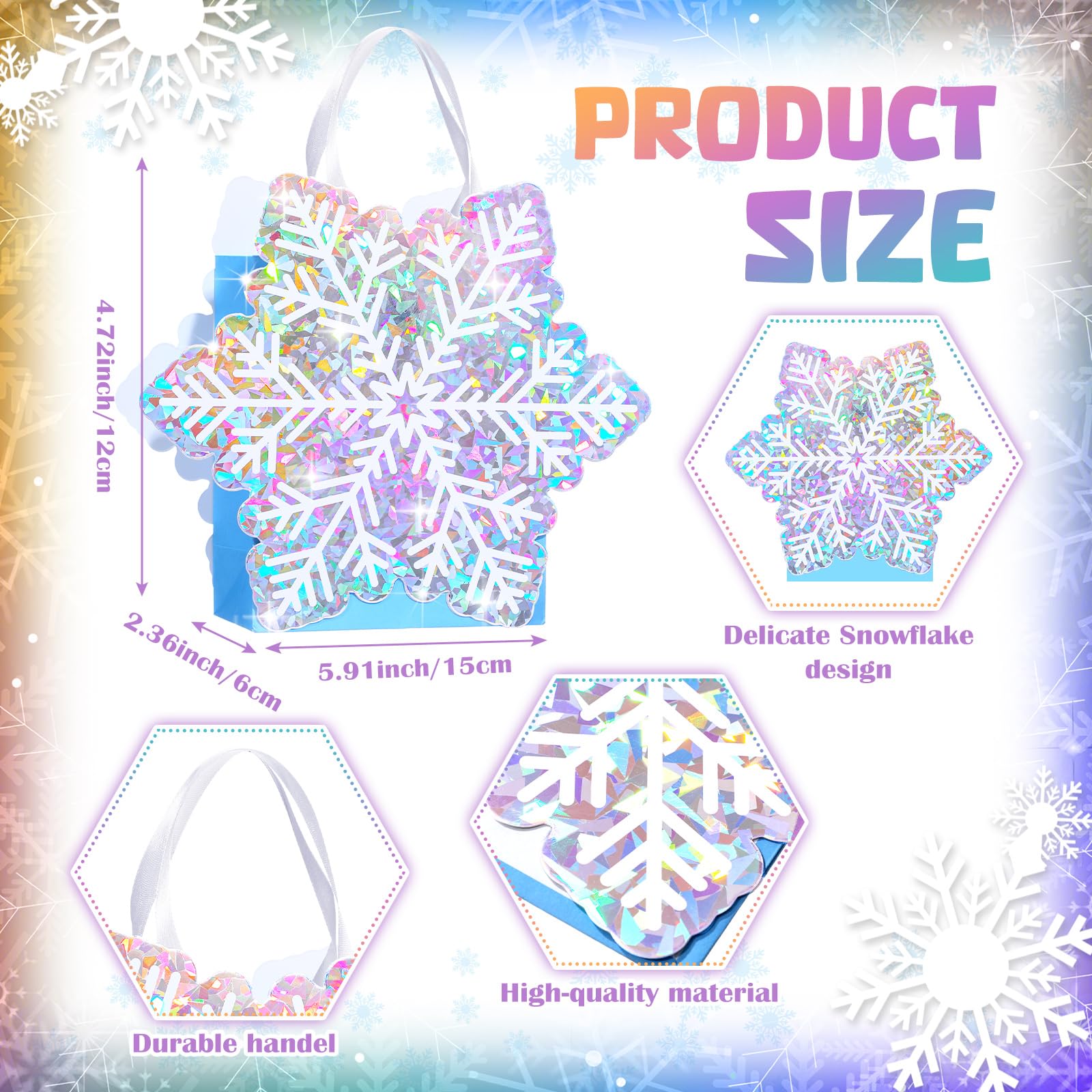 Kolldenn 24 Stück Weihnachts-Schneeflocken-Papiertüten, Winter-Geschenktüten, Prinzessinnen-Geschenktüten, Schneeflocken-Partygeschenke, Schneeflocken-Papiertüten, Süßigkeiten-Leckerli-Tüten für