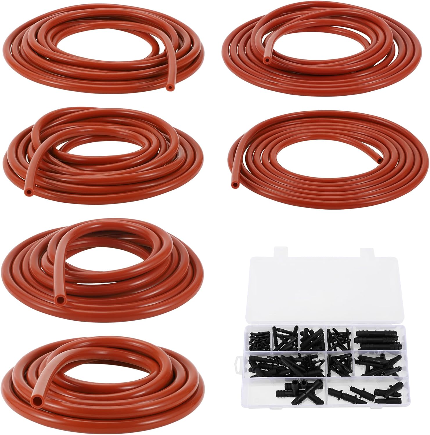 Silicone Vacuum Tubing Hose 130PSI Max Pressure Automotive Vacuum Line Red with Vacuum Connector 1 Set 10Ft 3/4/5/6/8/10mm ID 2.5mm Thickness