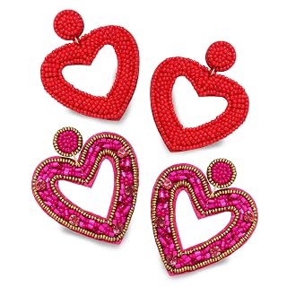YAHPERN 2 Pairs Beaded Heart Earrings Valentine’s Day Earring for Women Handmade Love Heart Drop Dangle Earrings Birthday Party Valentine’s Day Gifts