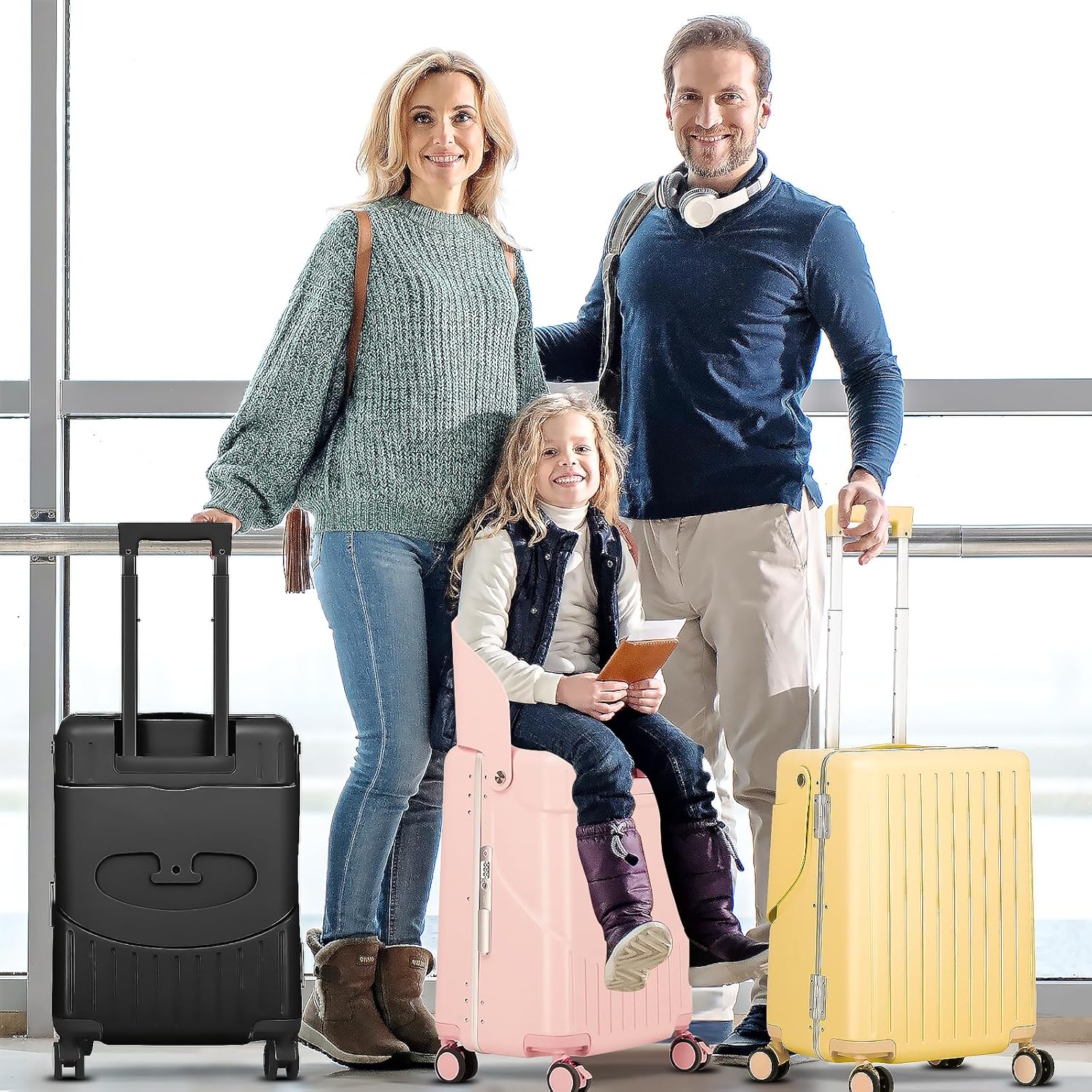 smilesun 20" Carry On Luggage with Seat For Kids & Adults，Hardside Ride On Suitcase with 360°Spinner and TSA Lock For Travel(Light Pink, 20-in)