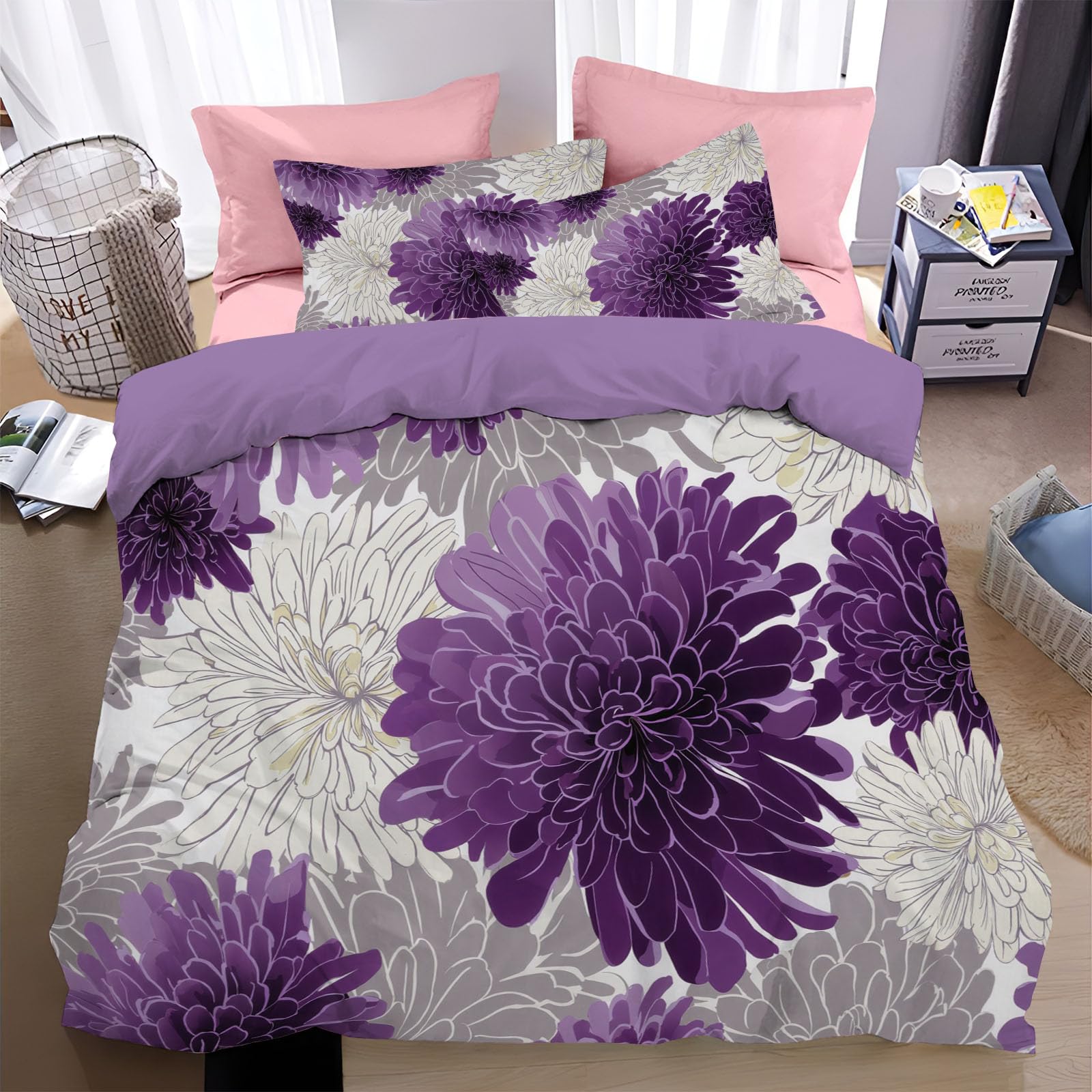 Parure de lit housse de couette 220x240 microfibre grise drap double face motif fleur 3D