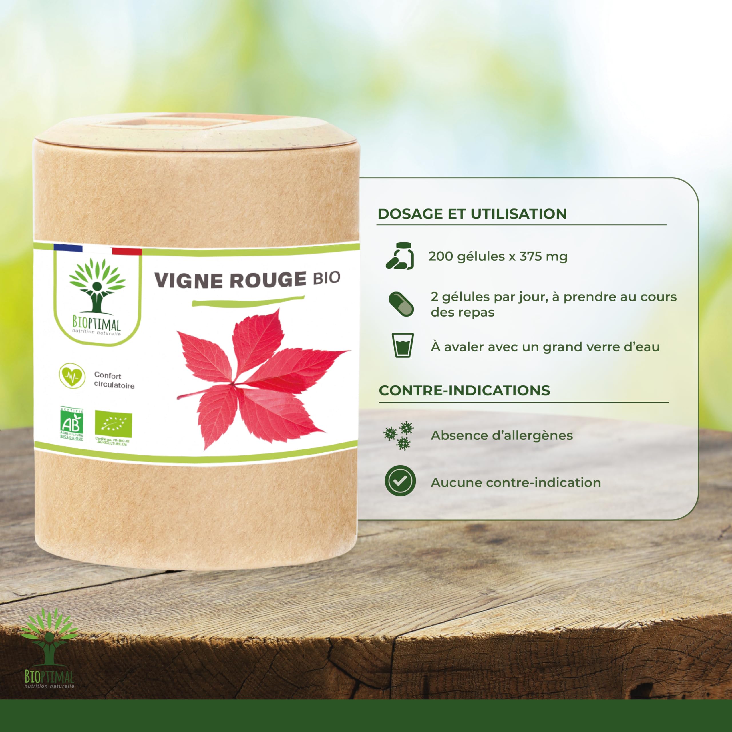 Vigne rouge Bio - Complément alimentaire Bioptimal - Jambes Lourdes Peau Saine Circulation Sanguine Hémorroïdes - 300 mg de Feuille de Vigne x gélule - Made in France - Certifié Ecocert - 200 gélules