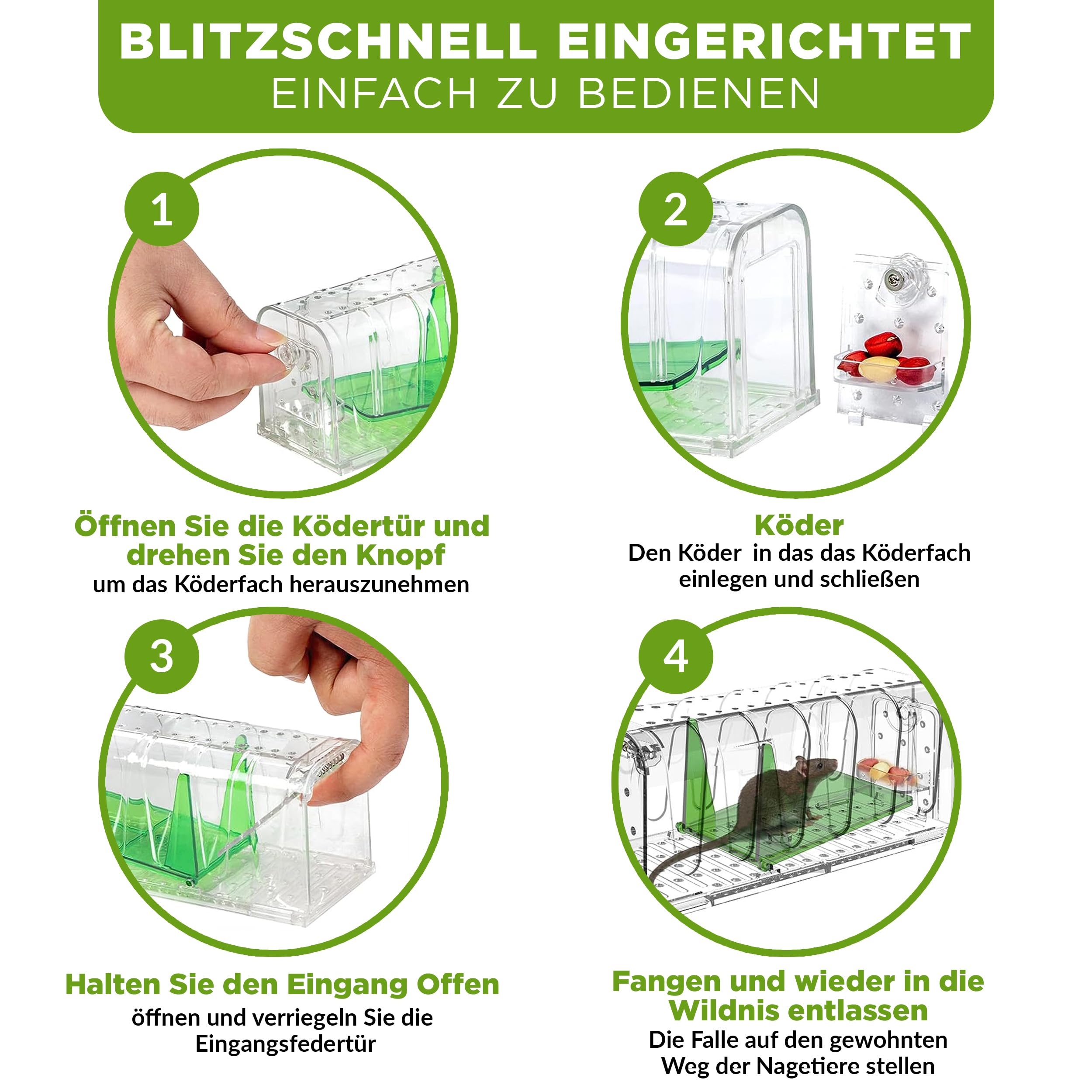 ISOTRONIC Mausefalle Lebend mit Köderbox – tierfreundliche Lebendfalle für Mäuse, Ratten & andere Nagetiere – Wiederverwendbare Rattenfalle mit berührungsloser Freigabe & extra Luftlöchern (1 Stück)
