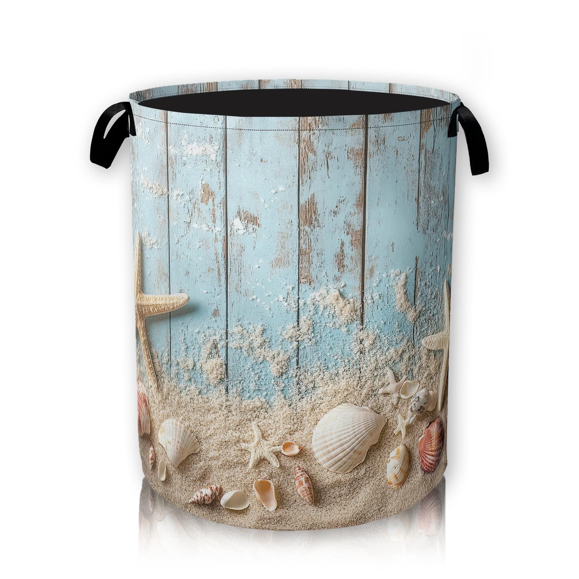 Beach Seashell Starfish Large Storage Basket, Blue Wooden Laundry Hamper/Bathroom/Home Decor/Collapsible Round Storage Bin,Boys Girls Dirty Clothes Hamper/Boxes/Toys Storage 66L