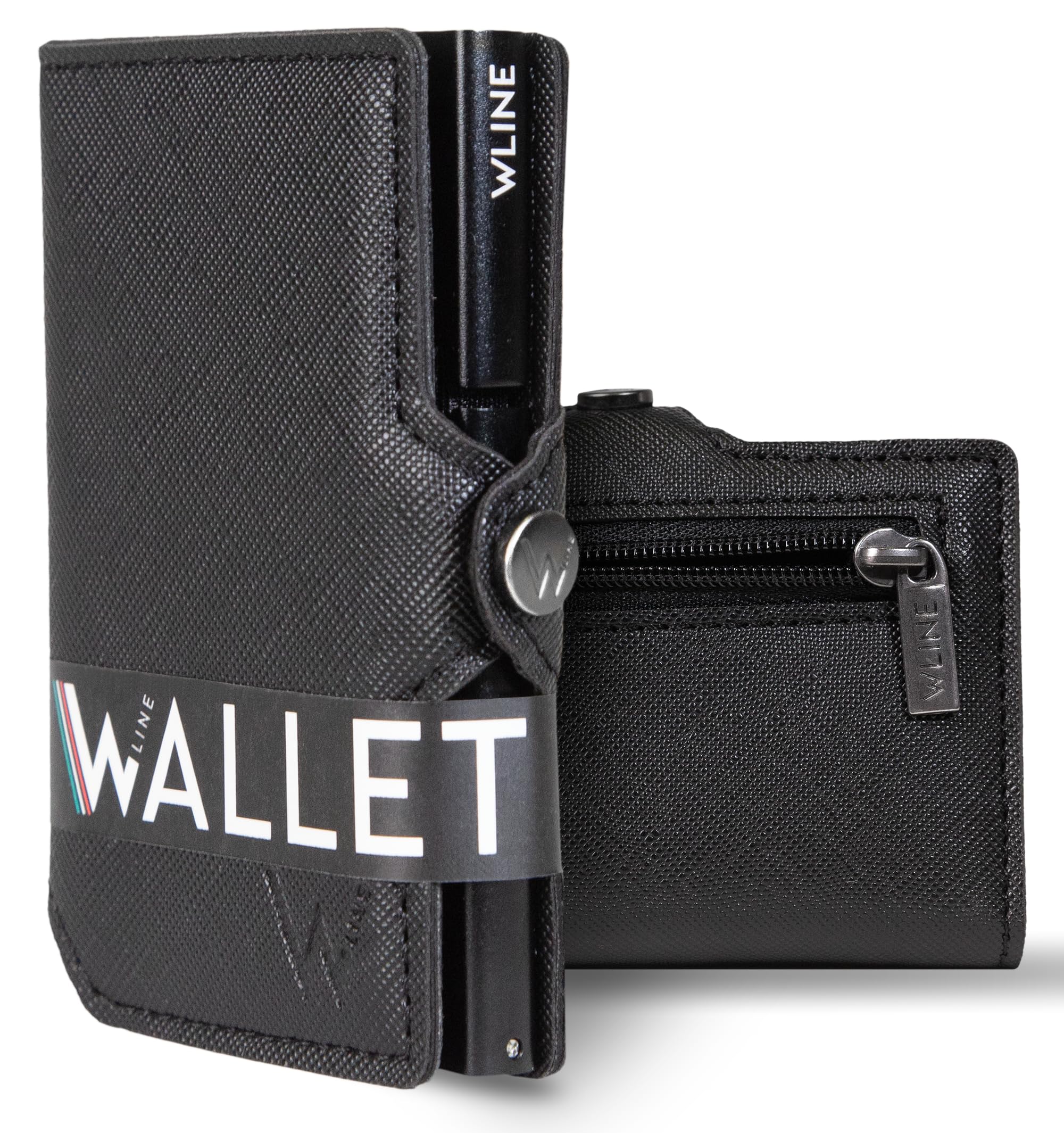 WLine Portafoglio Uomo Slim con Portamonete Rfid Compatto ed Elegante - Porta Carte di Credito Uomo e Donna Schermato in Pelle PU Saffiano - Portatessere Uomo Tascabile (Nero Saffiano con Zip)