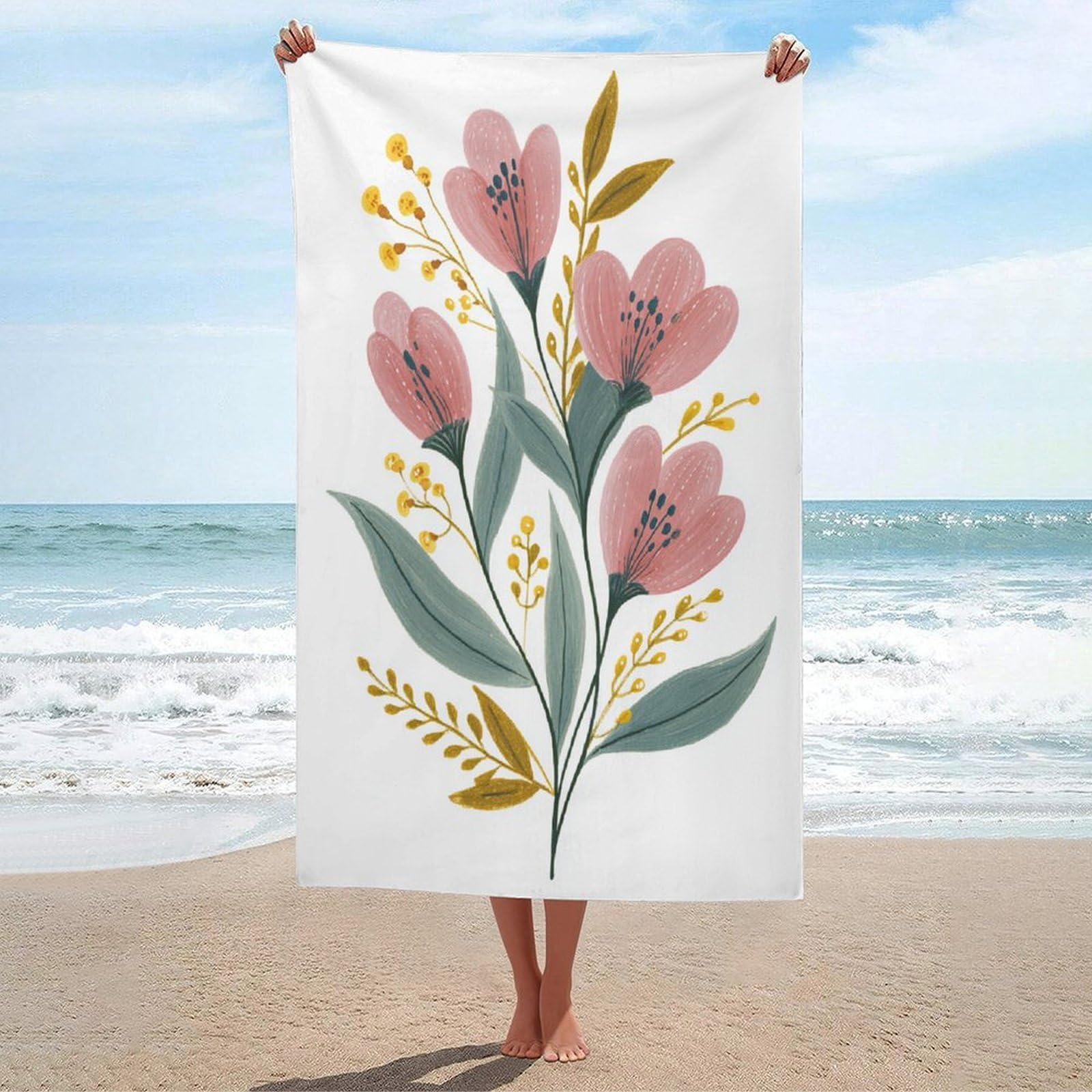 LSRCPD Whimsical Violet Flower Folk Art Beach Towel Sand Free Microfiber Large Shower Towels Multipurpose Absorbent for Bathroom Pool 130x80 CM