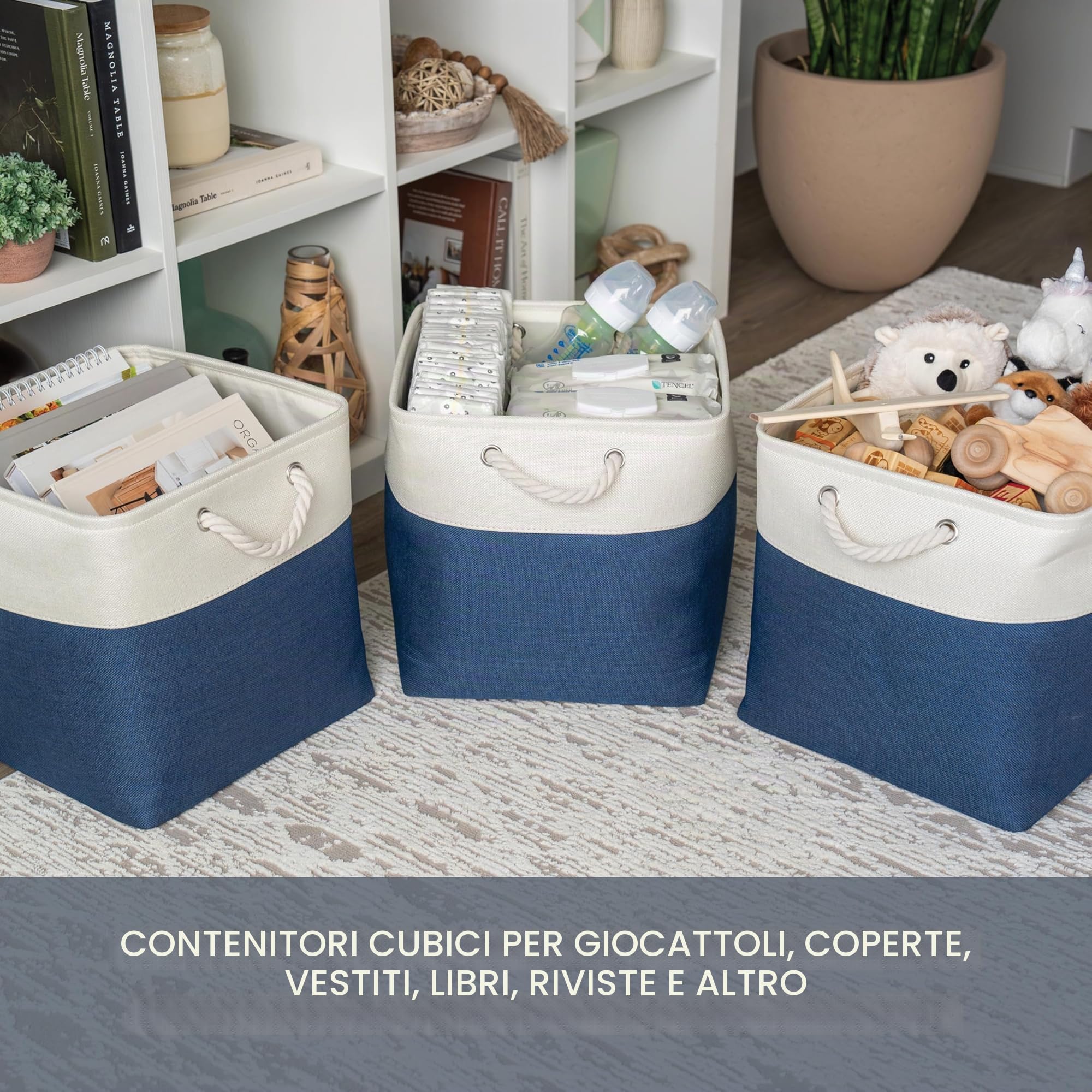 OrganiHaus Set di 3 Cubi Scatole Portaoggetti 33x33, Cestini Portaoggetti in Tessuto con Manici in Corda, Cubi Portaoggetti Pieghevoli per Libreria Kallax, Cestino per la Cameretta. Blu navy
