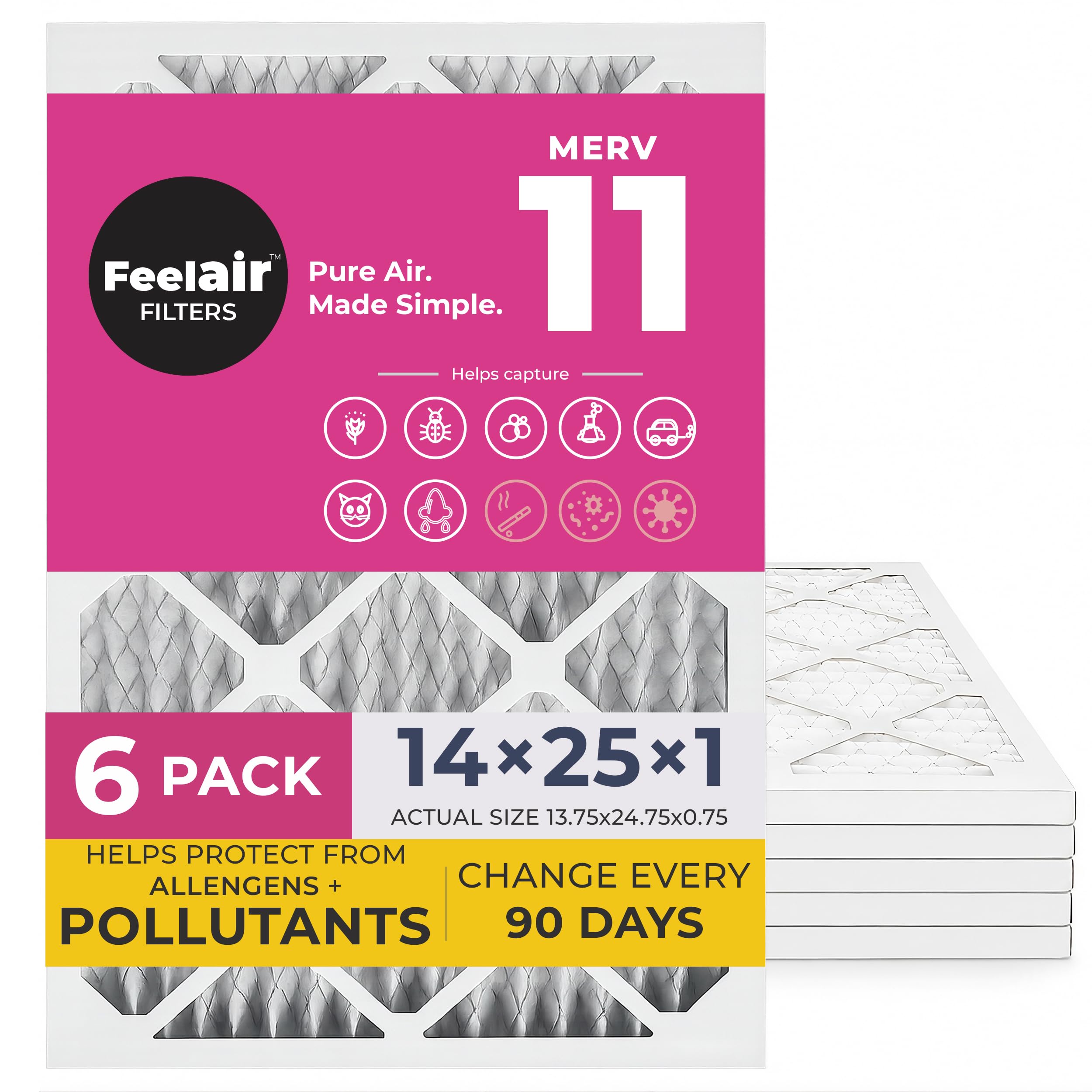 Feelair 14x25x1 Air Filter, Merv 11, MPR 1000, 6 Pack, Furnace Air Filter for HVAC (Actual Size 13.75"x24.75"x0.75") DUST, Pet, & Allergy Control