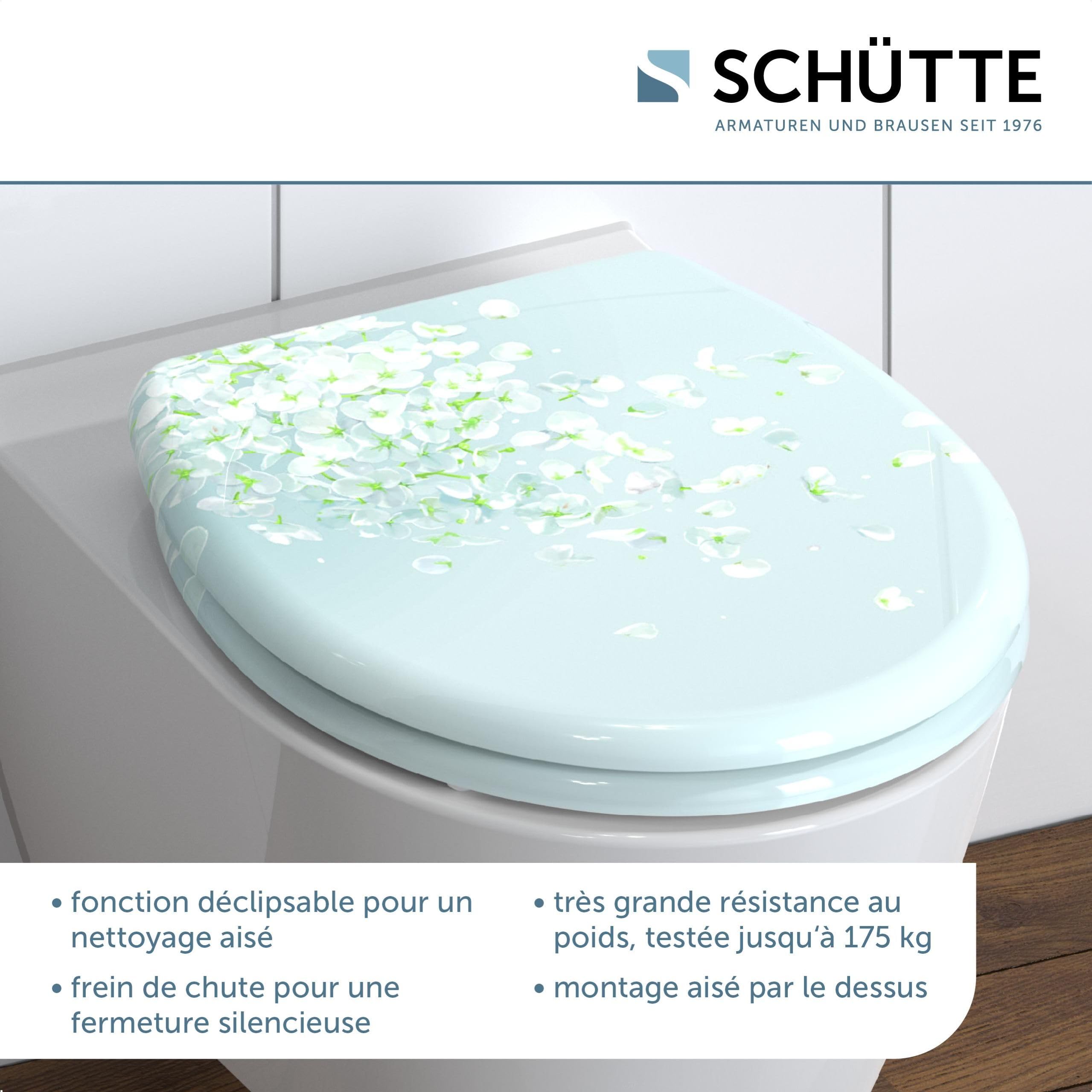 Schütte Abattant WC avec Frein de Chute Déclipsable - Flower in the Wind | Duroplast résistant aux rayures, lunette WC frein de chute silencieux, compatible cuvette WC suspendue et sur pieds