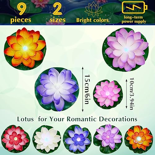 Miniatura 8 de Hortsun Paquete de 9 luces flotantes para piscina, farol de flor de loto, de espuma artificial, luces LED realistas para piscina, funciona con