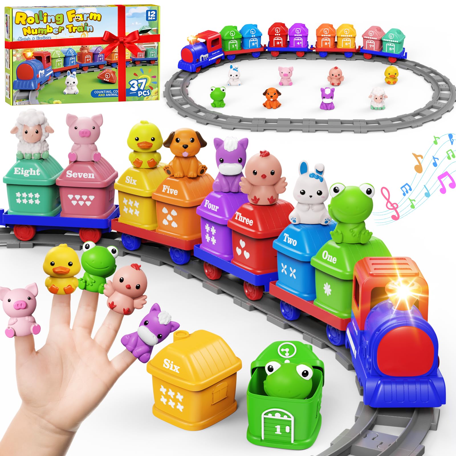 Juego de trenes para niños pequeños de 1, 2, 3, 4 años, juego de tren eléctrico Montessori con actividades de conteo de emparejamiento y clasificación con animales de granja, marionetas de dedo