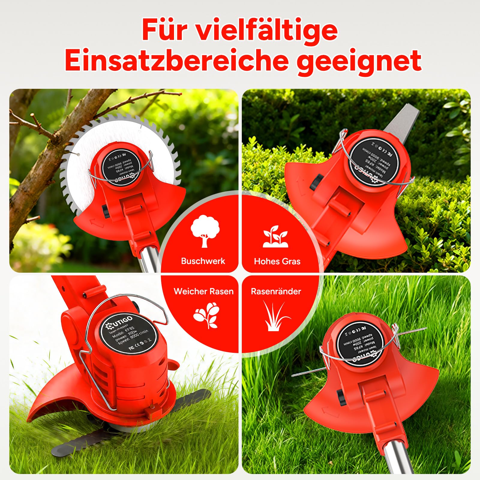 OUTIGO Akku Rasentrimmer mit Akku, Rasenkantenschneider mit 2 Akkus 21V und 4 Messertypen+1 Gartenschere, Verstellbarer Teleskop-Führungsholm Desbrozadoraeléctrico inalámbrico (Rot-FBA)