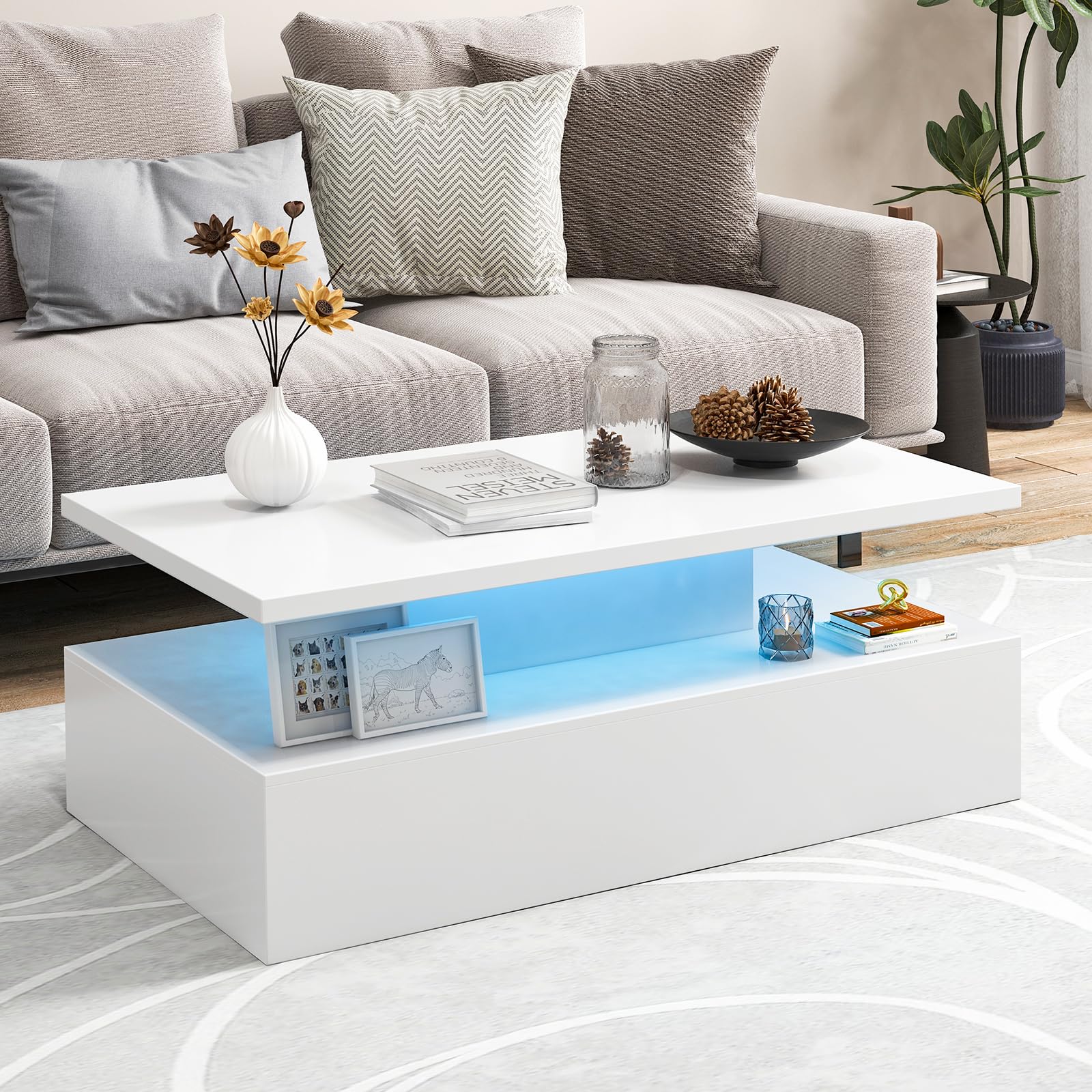 GOPLUS Mesa de Centro Con Luces LED, 2 Niveles, 19 Modos, 20 Colores, 8 Velocidades y Brillos Ajustables, Mando a Distancia, Rectangular, 110 x 60 x 40 cm (Blanco)