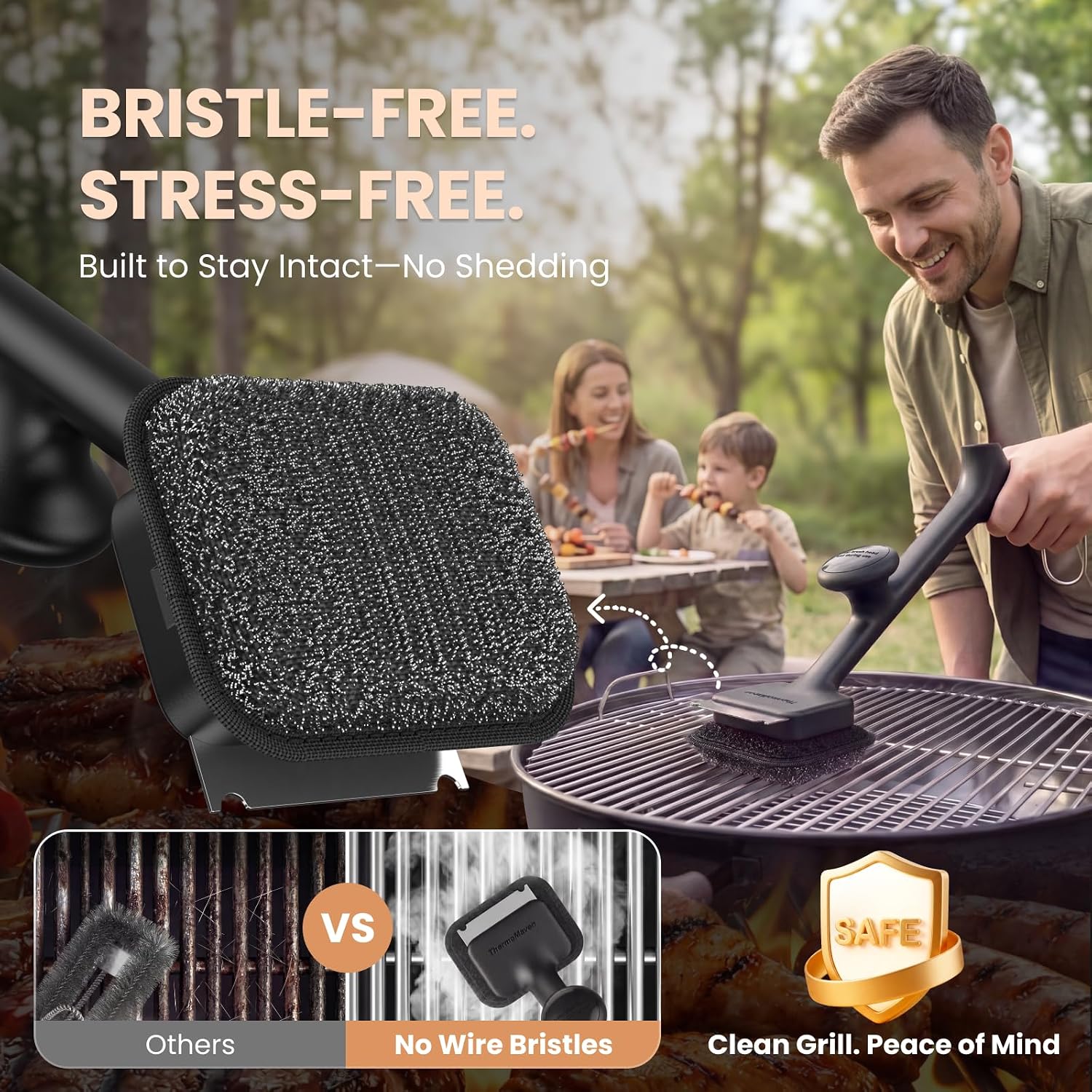 ThermoMaven BBQ Grill Brush Bristle Free - 17" Safe Steam Grill Cleaner Brush with Scraper and 5 Brush Heads for Porcelain/Gas/Charcoal Grill Outdoor Grill Barbecue Cleaner image 3