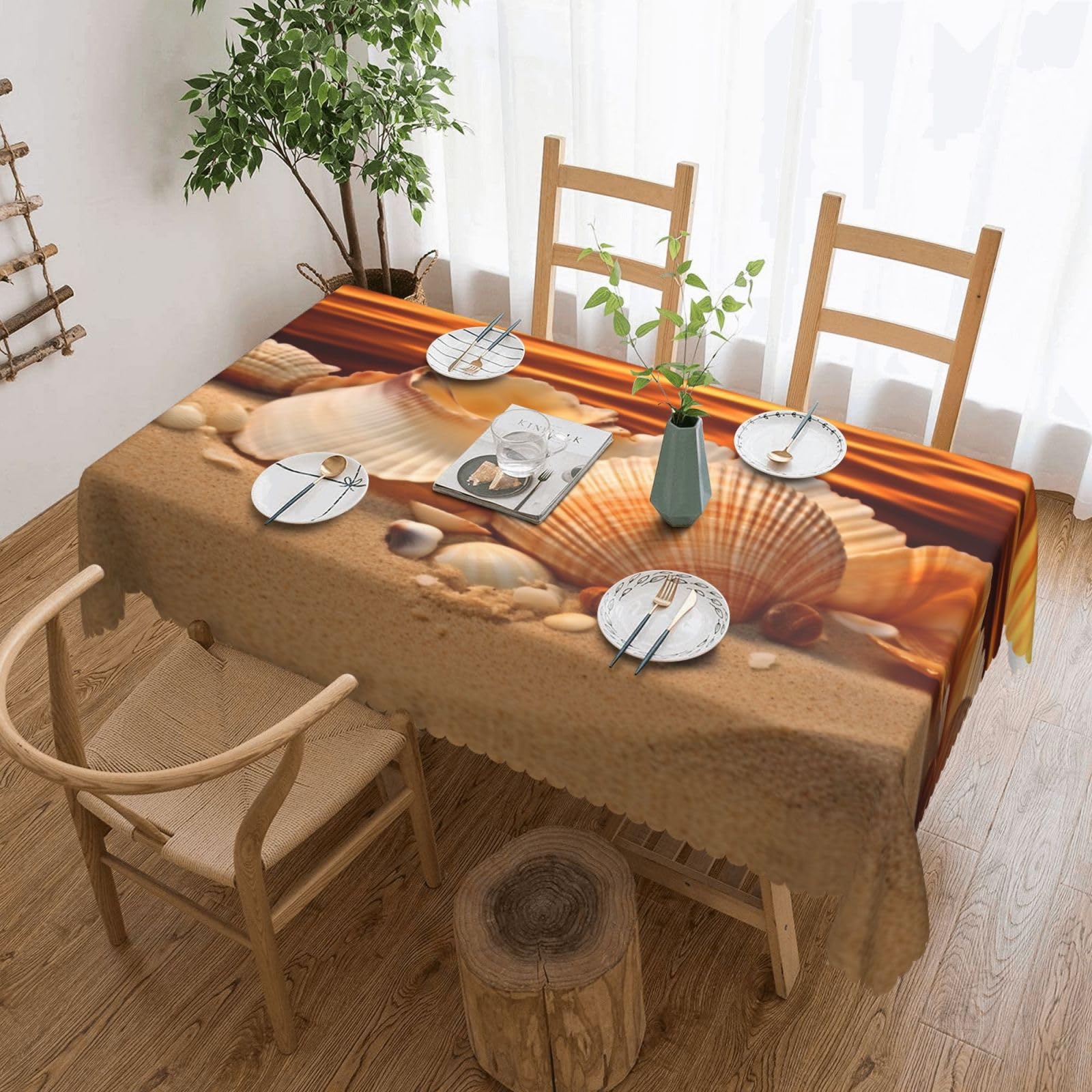 Nappe imperméable anti-tache à motif sable et coquillages pour restaurant