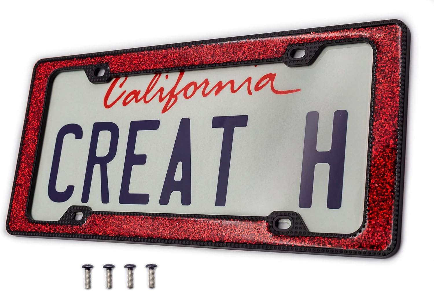 Creathome 3D Shining and Neon License Plate Frame from Pure Zinc Alloy Metal Perfect Plate Holder, Matt Black with Red Glitter - Image 2