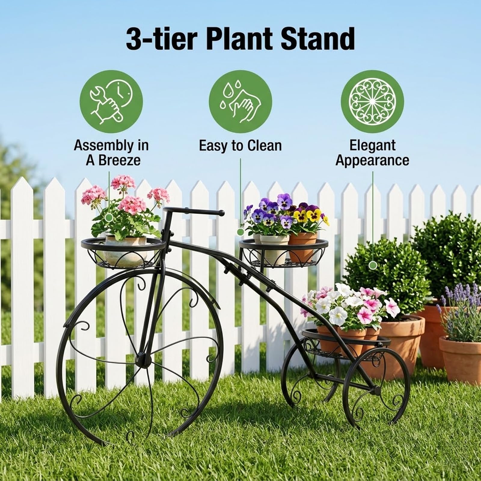 Support Plantes Vélo Métal Vintage,Porte-Pot Fleurs Tricycle avec 3 Paniers