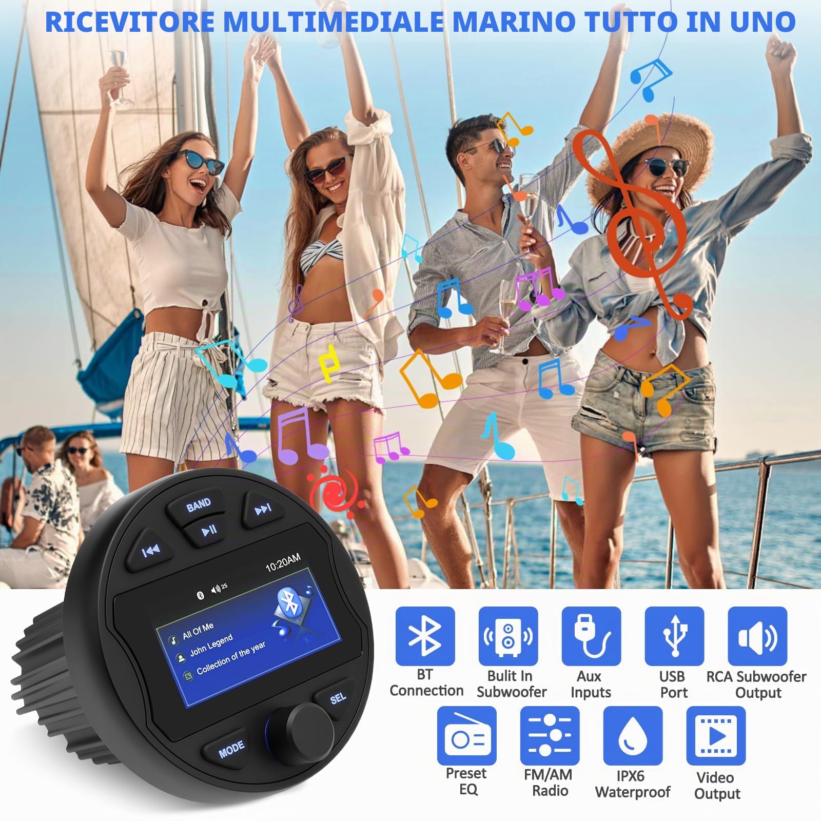 MP5 Radio Stereo Barca Impermeabile, AM/FM Marine Boot Ricevitore Media Riproduzione Video Player Universal per Barche, Yacht, Camper