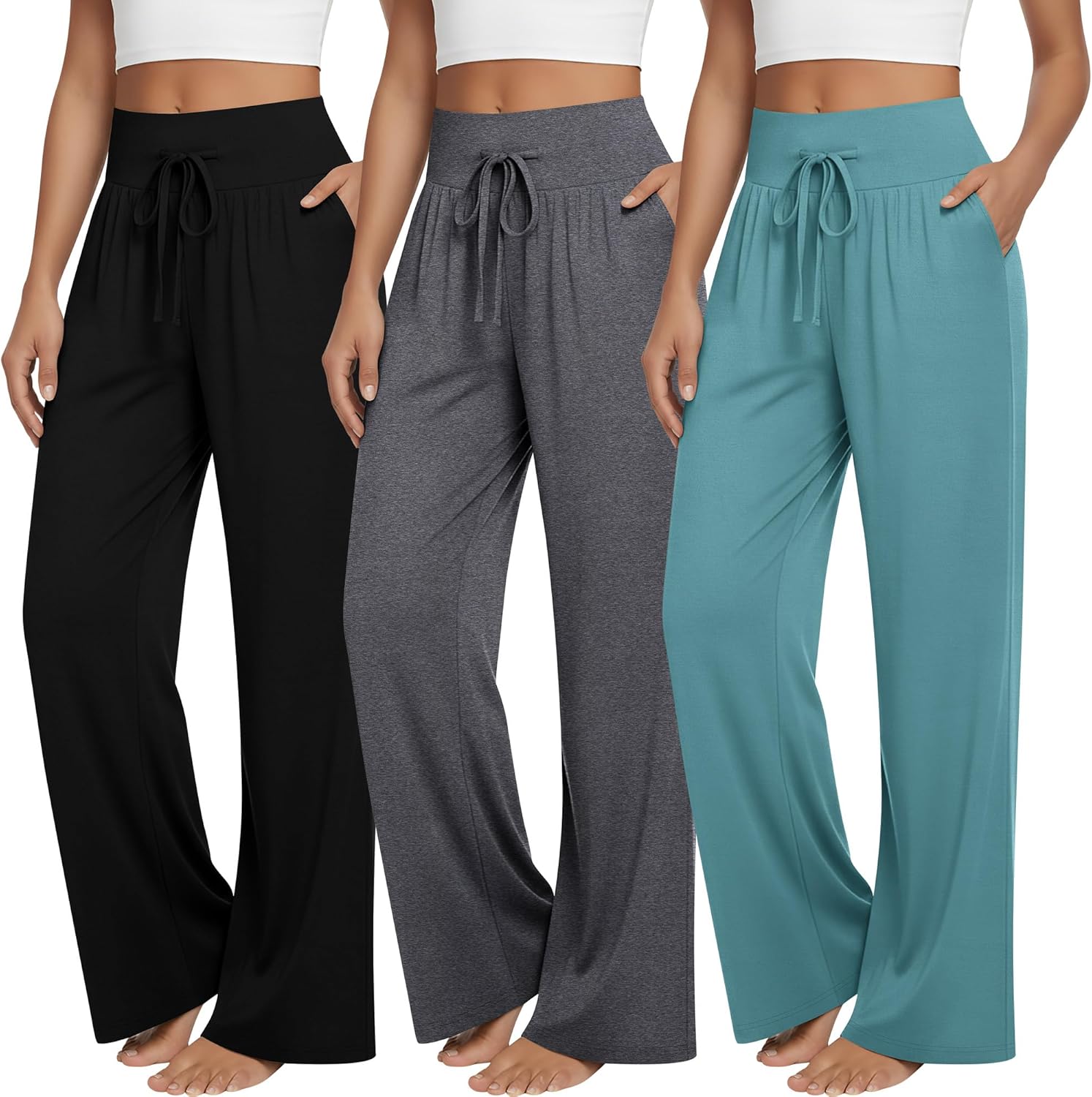 Sweetyweee 3 Pack Women's Lounge Pants Wide Leg Yoga Pants Loose Drawstring High Waisted Pajama Bottoms with Pockets