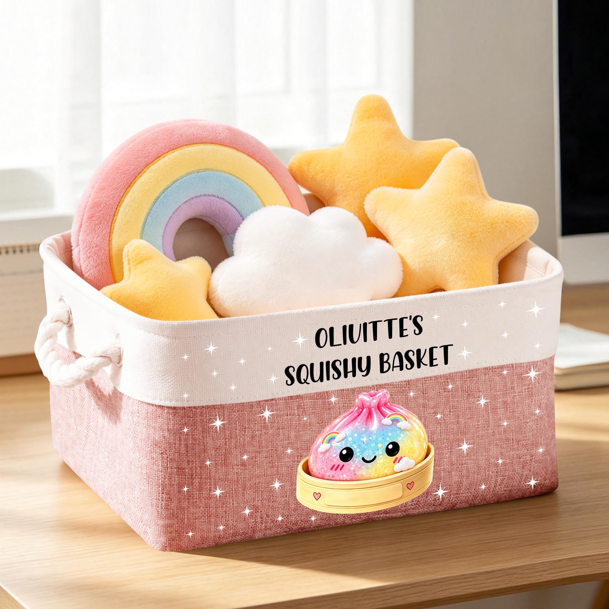 Personalized Dumpling Squishy Storage Basket, Custom Name Dumpling Squishy Basket Storage Organizer with Handles Room Decor Birthday Gifts (style 04) — image 1