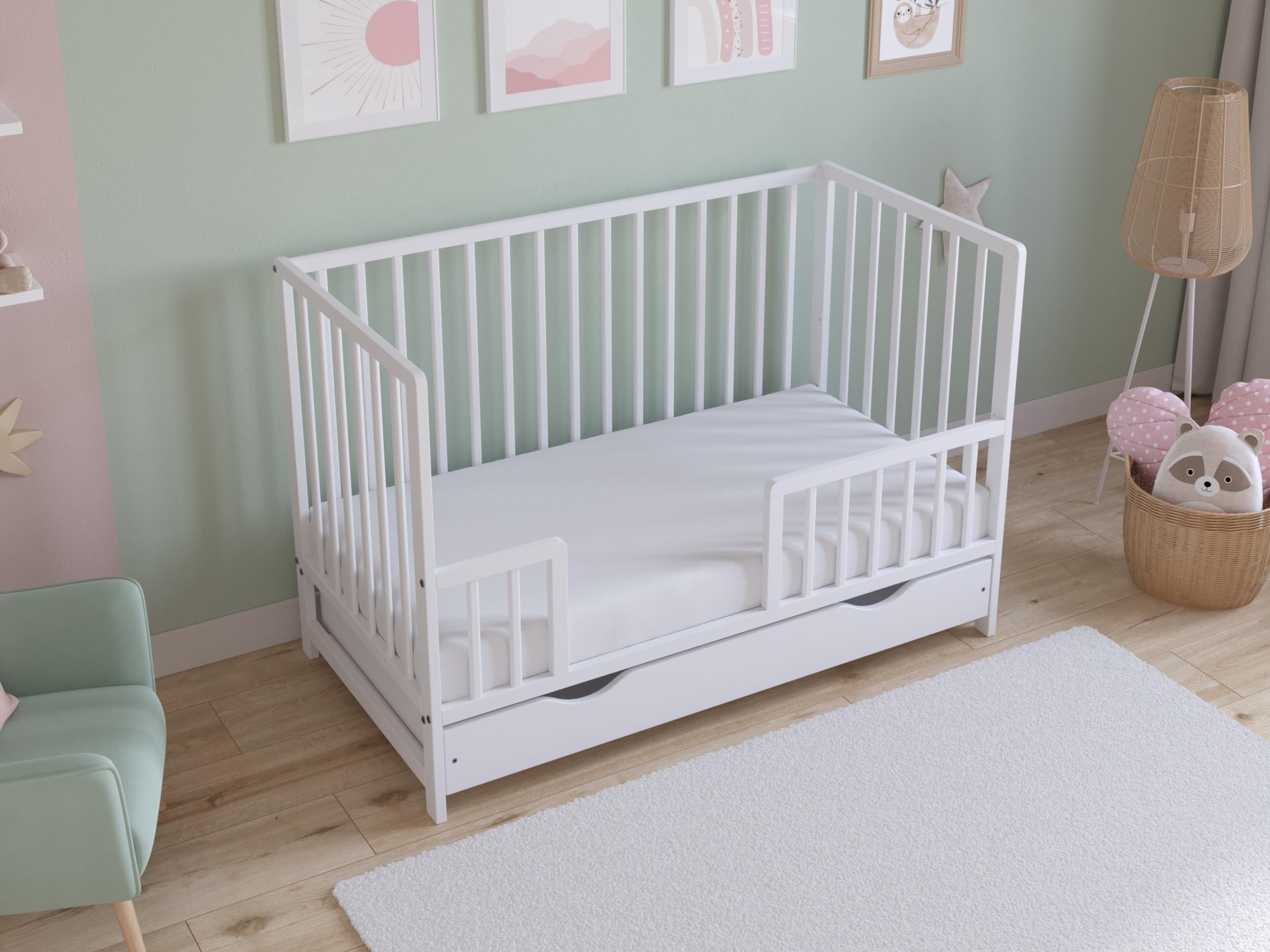 Love For Sleep Asher Cuna para Bebé 120x60 cm con Colchón de Espuma de Microfibra Acolchada – Cama Infantil de Madera Convertible en Cama para Niño con Cajón Grande y Barandilla Blanco
