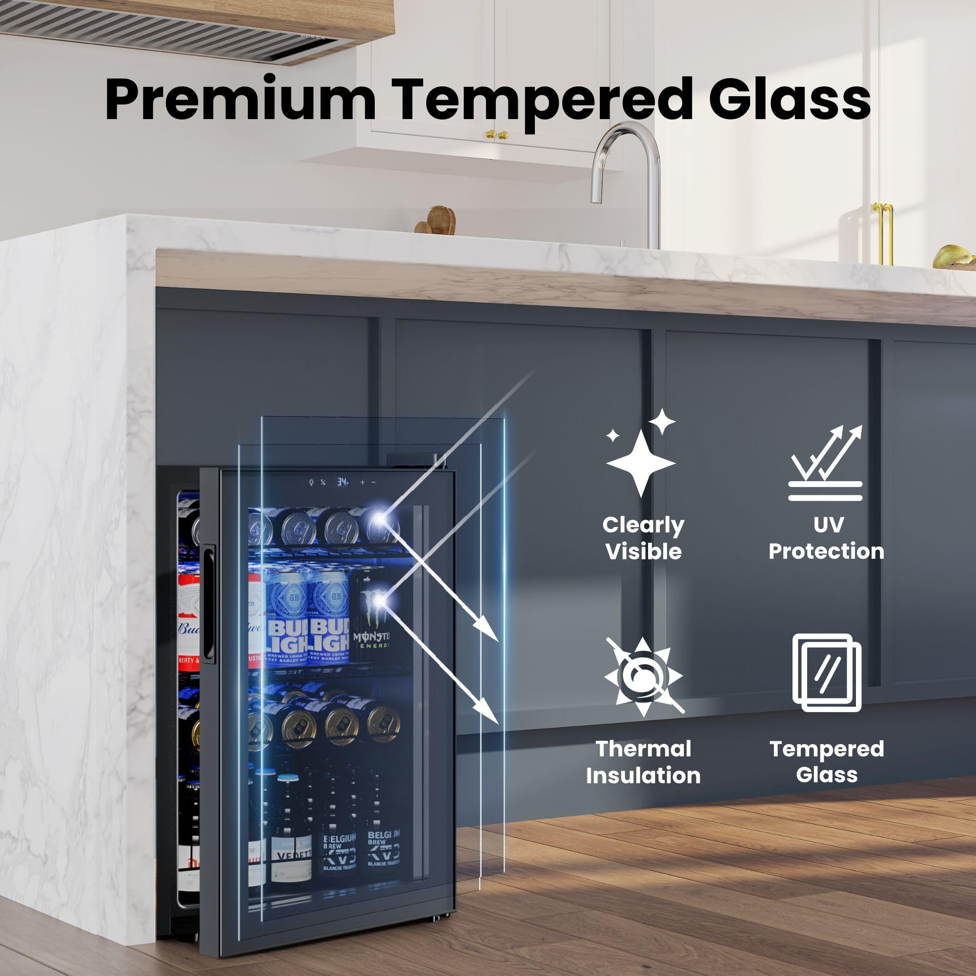 YEEGO Beverage Refrigerator, 85 Can Mini Fridge With Glass Door, Digital Temperature Control 34°F-54°F, Countertop Drink Cooler For Soda, Beer And Wine, Black on Fridge.com - View 5
