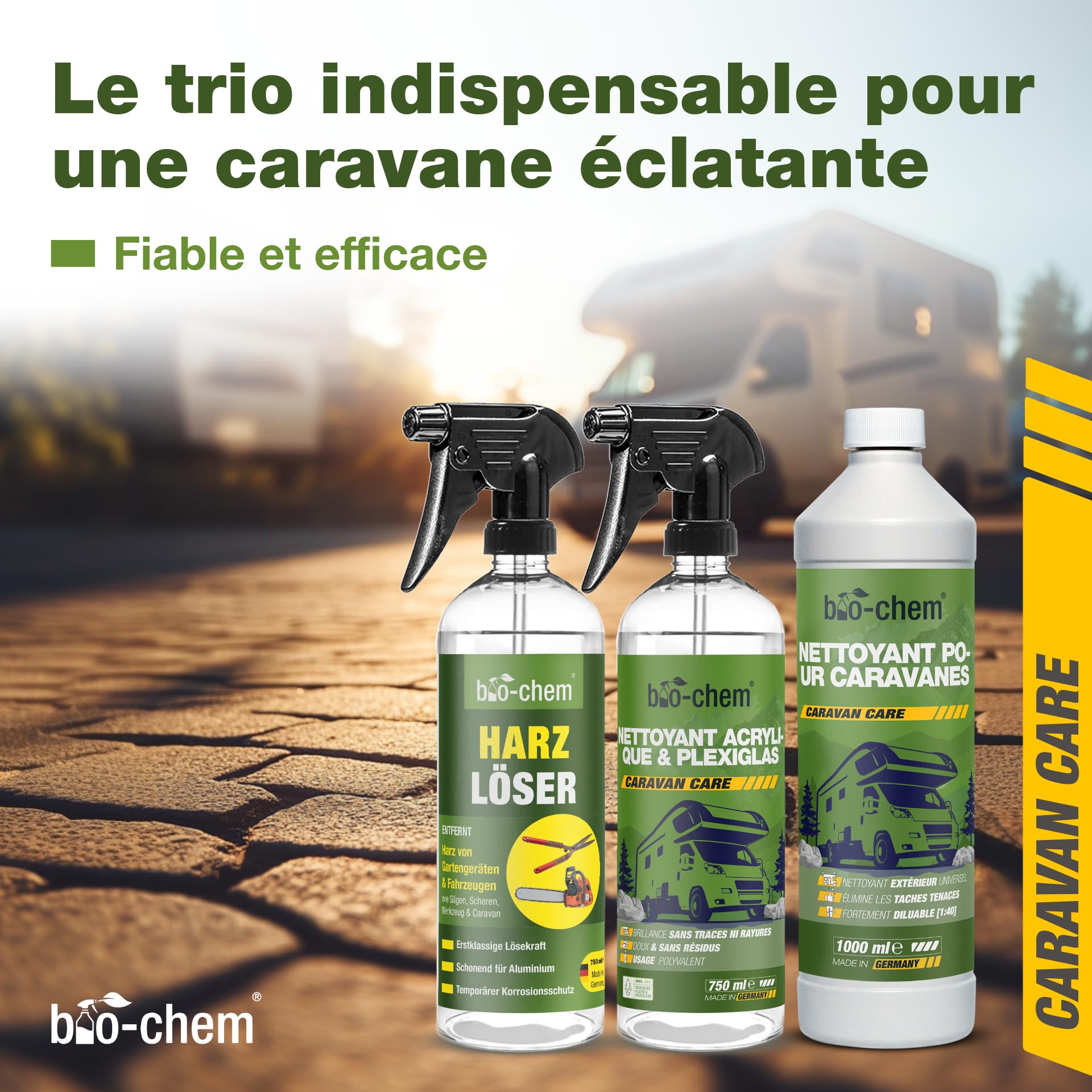 Bio-Chem - Set de 3 Produits d'entretien pour caravanes de Camping - 1L Produit nettoyant pour Camping-Car + Vaporisateur pour résine 750mL + Produit vitre et Pare-Brise 750mL