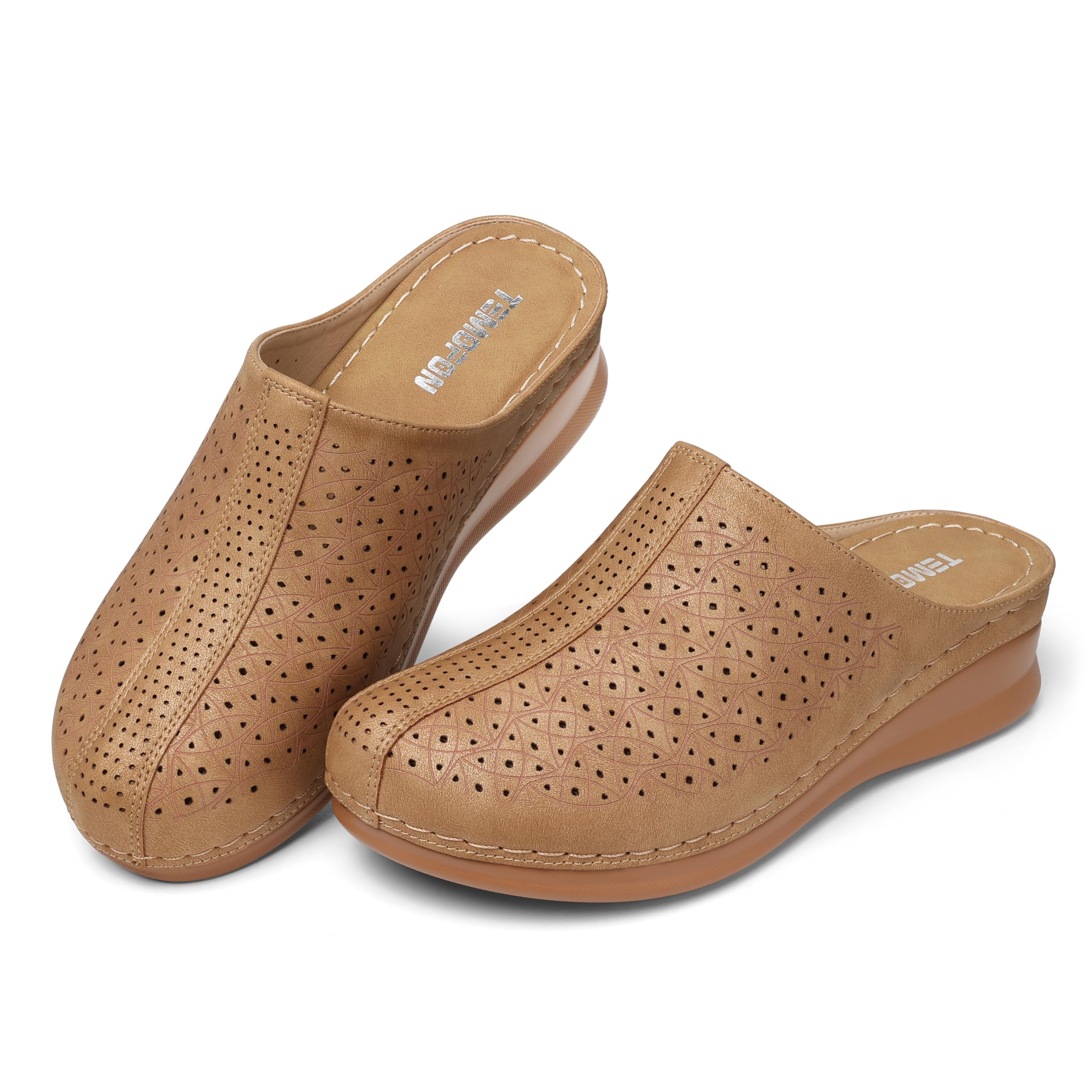 TEMOFONClogs for Women Mules Slip on: Comfortable Wedge Clogs Dressy Summer Fall Mules Closed Toe Platform Sandals Shoes Brown Size 7