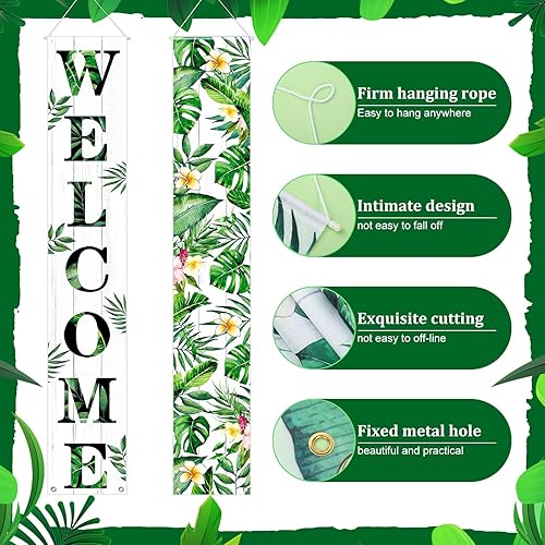 Miniatura 7 de Rumia Tropical Luau - Cartel de bienvenida con diseño de hojas verdes, poliéster, resistente a desgarros, montaje en poste, decoraciones al aire