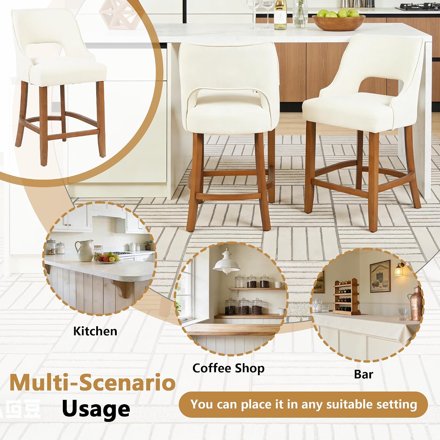 ClinQ Bar Stools Set of 2, 26" H Counter Height Bar Stools with Backs, Modern Upholstered Accent Barstools with Curved Footrest for Kitchen Island, Dining Room and Bar, Beige-Walnut Legs