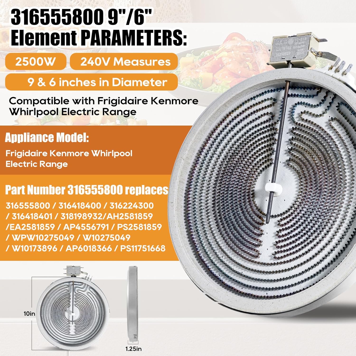 W10823692 316555800 9"/6" Dual Radiant Surface Element for GLEC30S8ASA 79095922302 KECC508GBL2 GJC3654RB00 Kenmore,Frigidaire,KitchenAid&Whirlpool Range – Replaces DG47-00043B 316418400