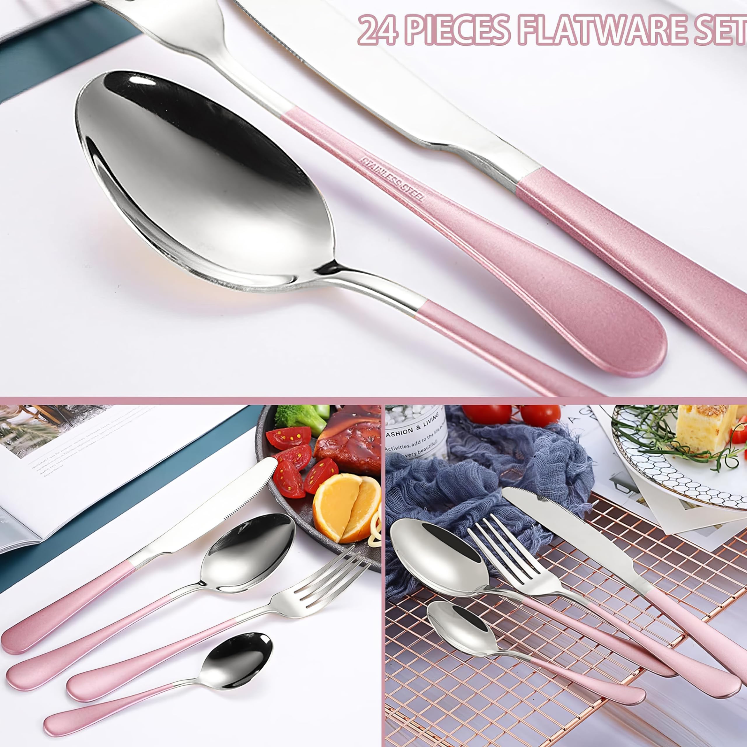 Juego de cubiertos con soporte, juego de cubiertos de acero inoxidable de 24 piezas con soporte, tenedor y cuchara para 6 personas, moderno juego de utensilios de cocina (rosa)