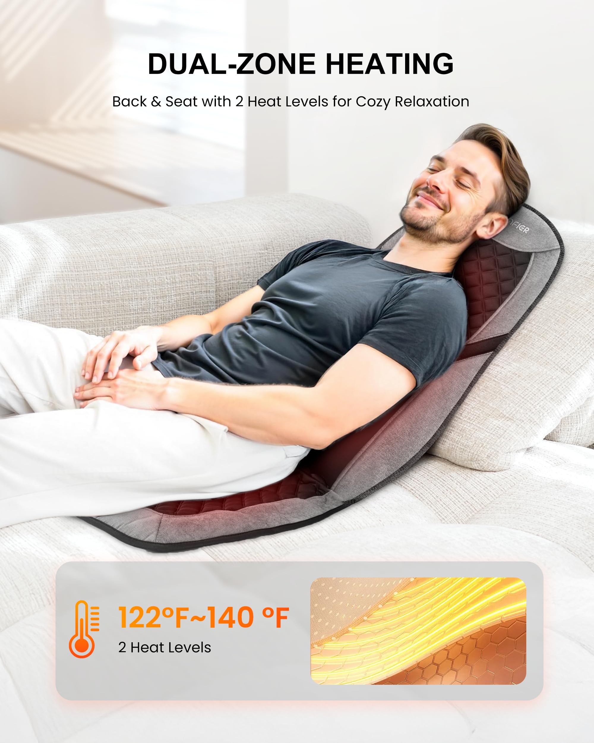 COMFIER Masajeador Cervical y Espalda con Calor, Funda de Asiento de Masaje con 5 Modos de Vibración, 3 Intensidades, 3 Temporizadores para Aliviar el Dolor de Espalda, Regalos para Mujeres