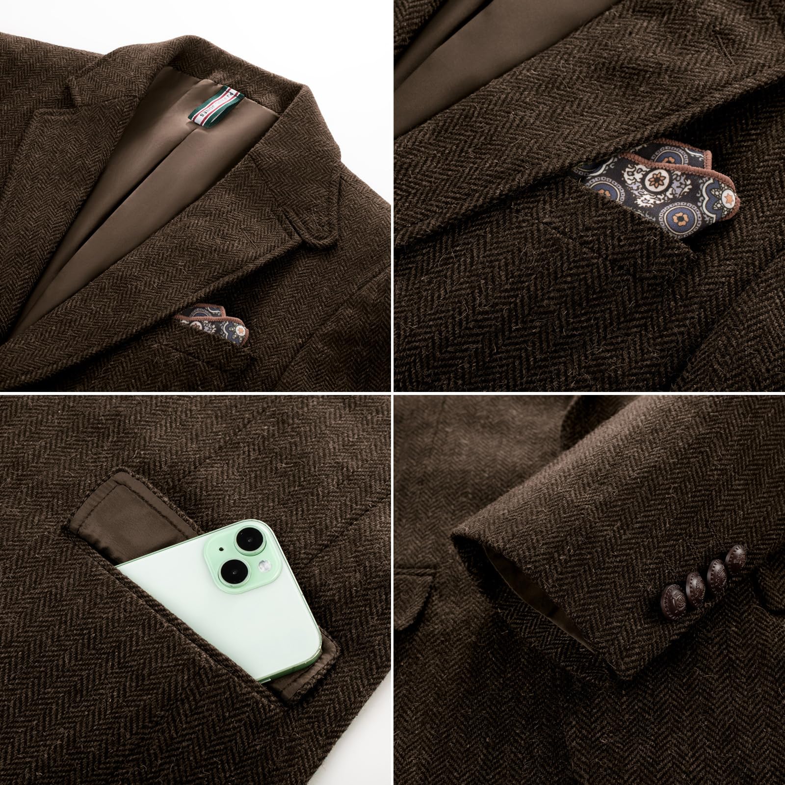 Giacca sportiva in tweed a spina di pesce in misto lana britannica | 2 bottoni a spina di pesce cappotti sportivi casual blazer con tasca quadrata