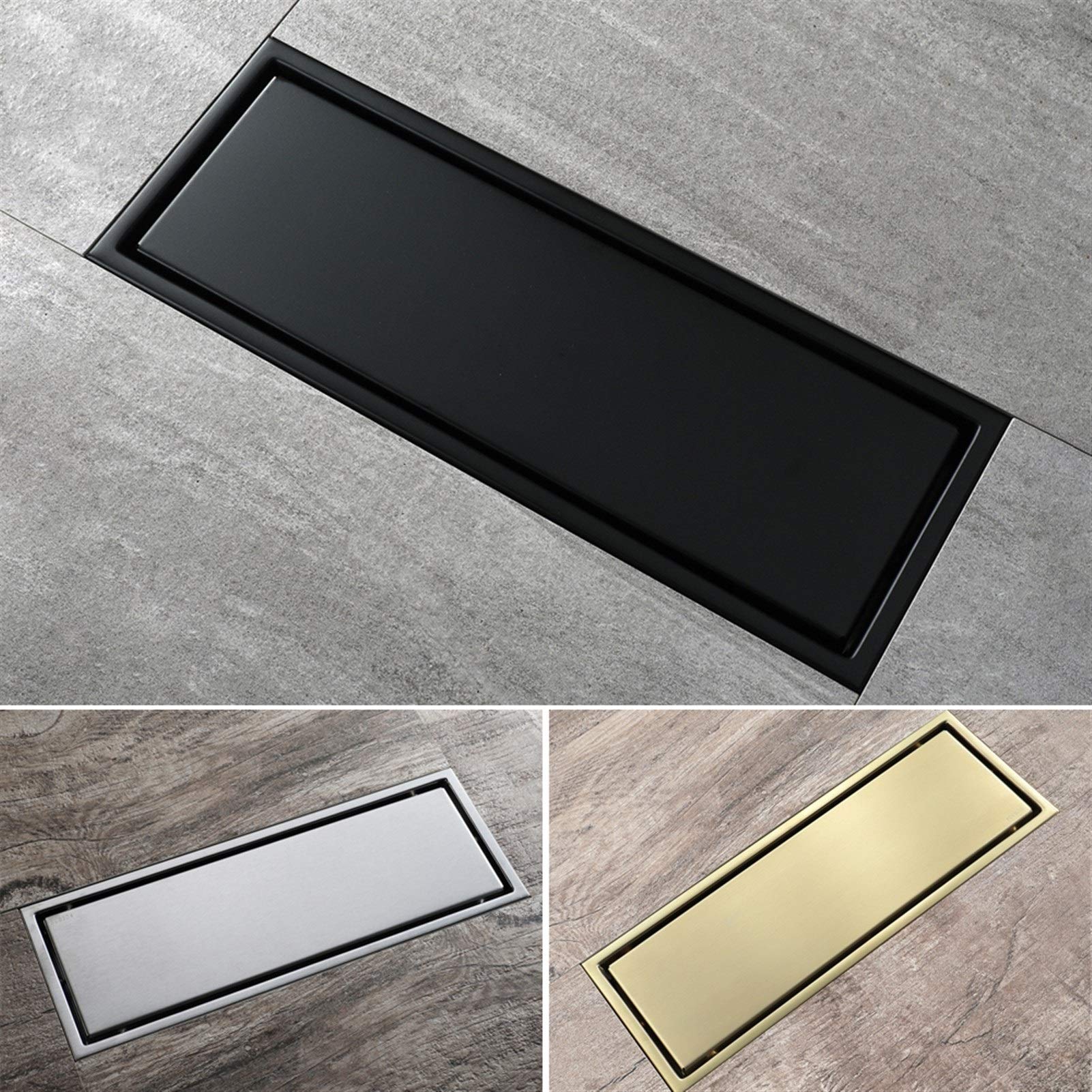 Bodenablauf Edelstahl Abnehmbarer 30x11cm Edelstahl Linear Bodenablauf Badezimmer Dusche WC Anti-Geruchs-Drains Tile Insert Schwarz/gebürstet Gold(119A Brushed)
